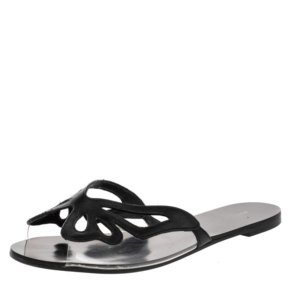Pre Owned Sophia Webster Black Leather And PVC Madame Butterfly Flat Slides Size 38