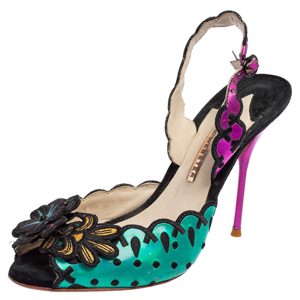 Sophia Webster Multicolor Suede and Coated Fabric Floral Applique Slingback Sandals Size 39