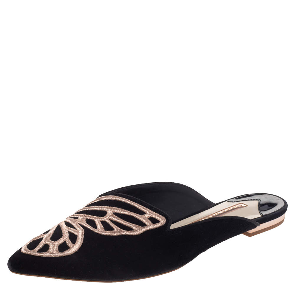 Sophia Webster Black Suede Bibi Butterfly Flat Mules Size 38