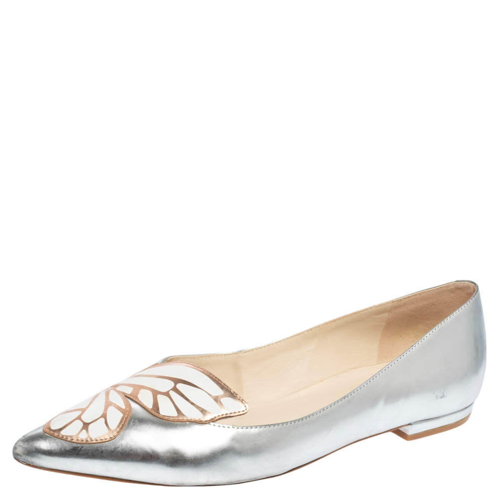 Pre Owned Sophia Webster Metallic Silver/Rose Gold Leather Bibi Butterfly Pointed Toe Ballet Flats Size 38