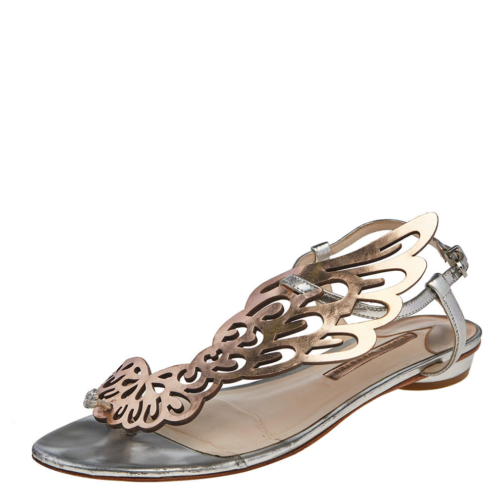 Pre Owned Sophia Webster Metallic Gold Leather Bibi Butterfly Thong Flats Size 40.5