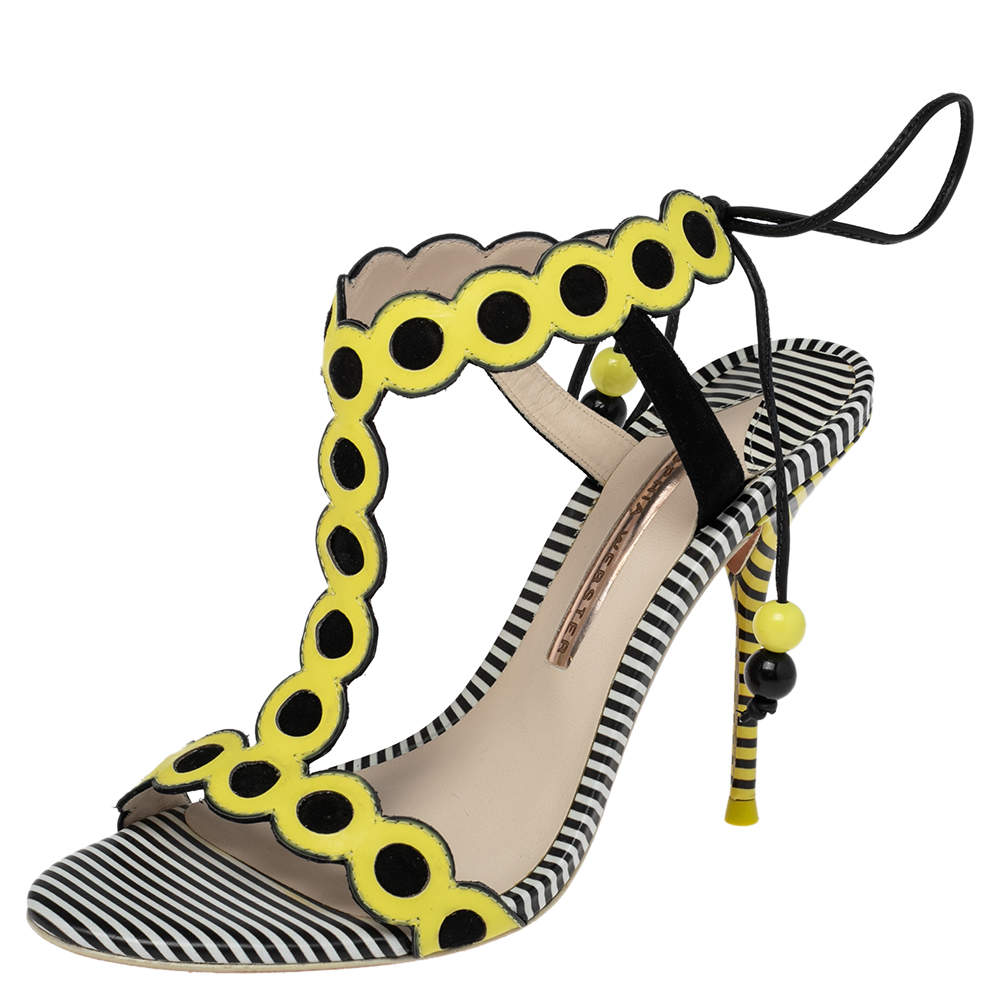 Pre Owned Sophia Webster Yellow/Black Patent Leather T-Strap Sandals Size 37.5