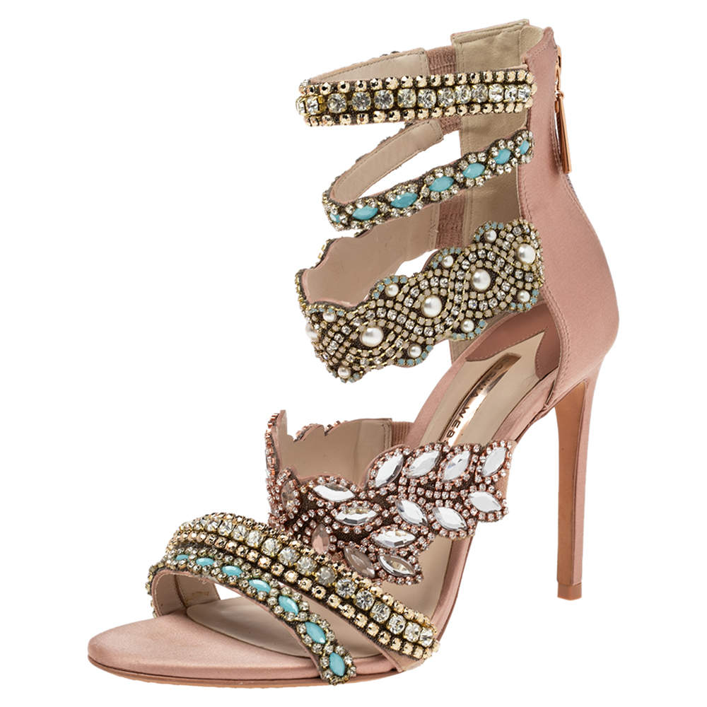 Sophia Webster Pink Satin And Suede Embellished Eden Sandals Size 39.5