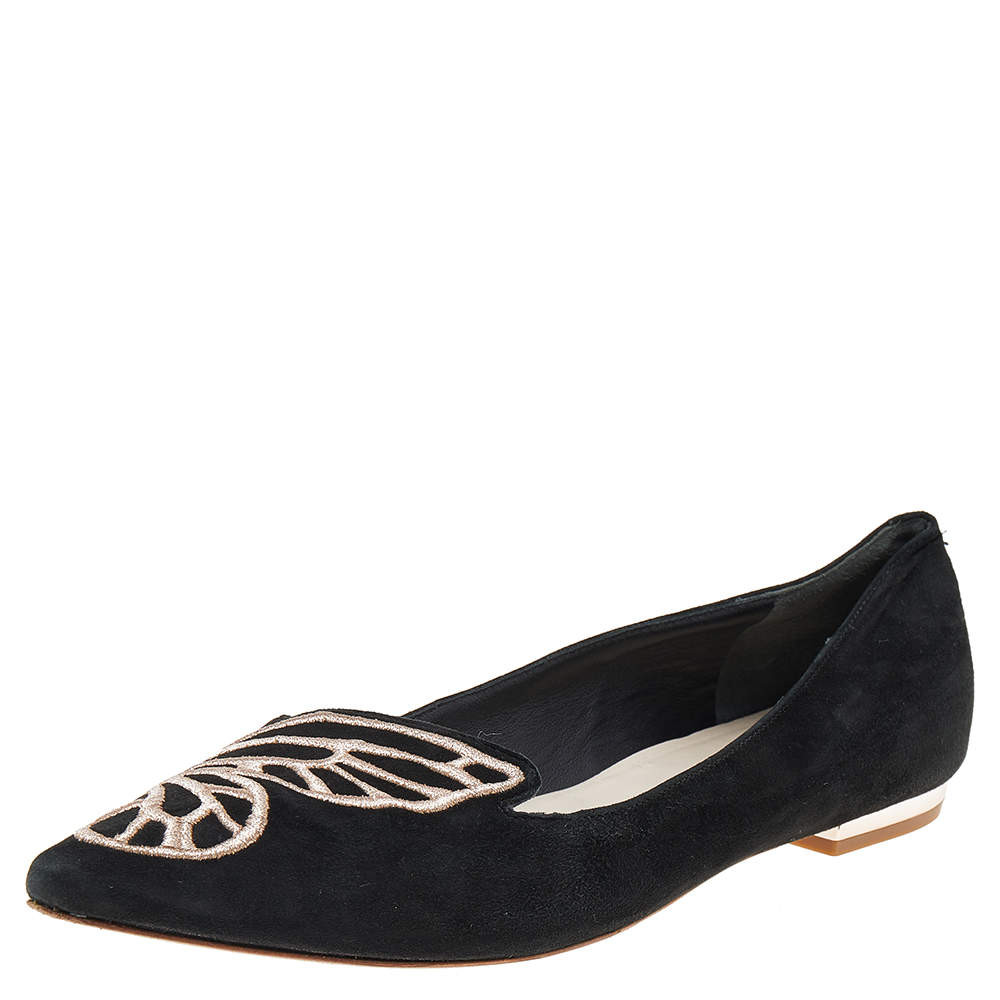Pre Owned Sophia Webster Black Embroidered Suede Bibi Butterfly Pointed Toe Ballet Flats Size 38