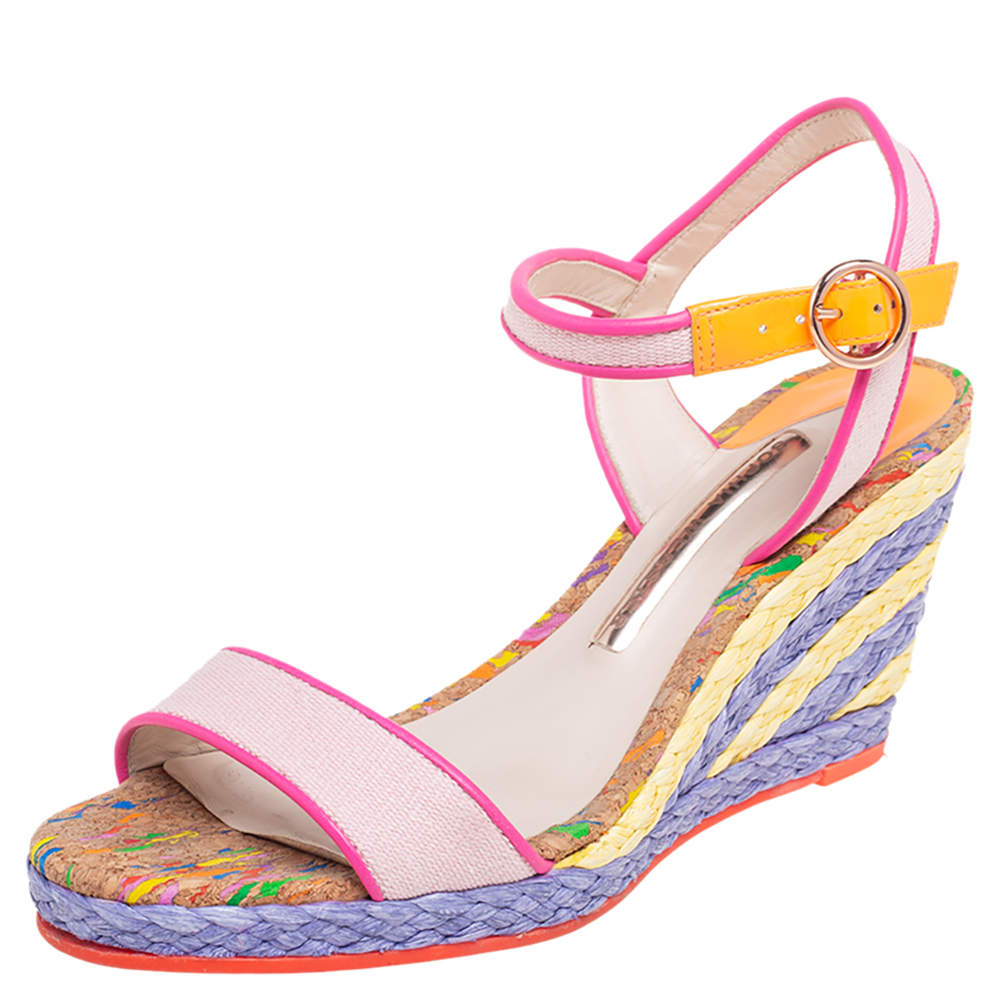 Pre Owned Sophia Webster Multicolor Leather And Canvas Lucita Rafia Wedges Size 37