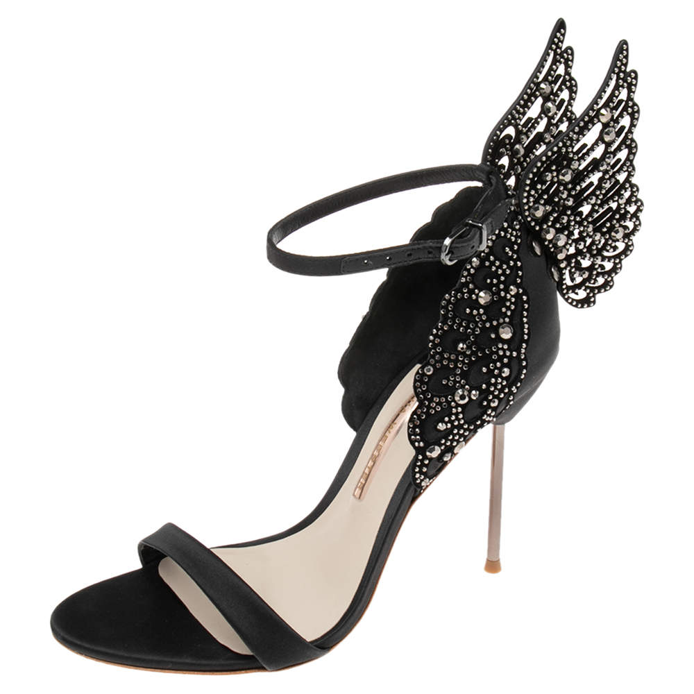 Pre Owned Sophia Webster Black Satin and Studs Embellished Cut-Out Suede Evangeline Ankle-Strap Sandals Size 39