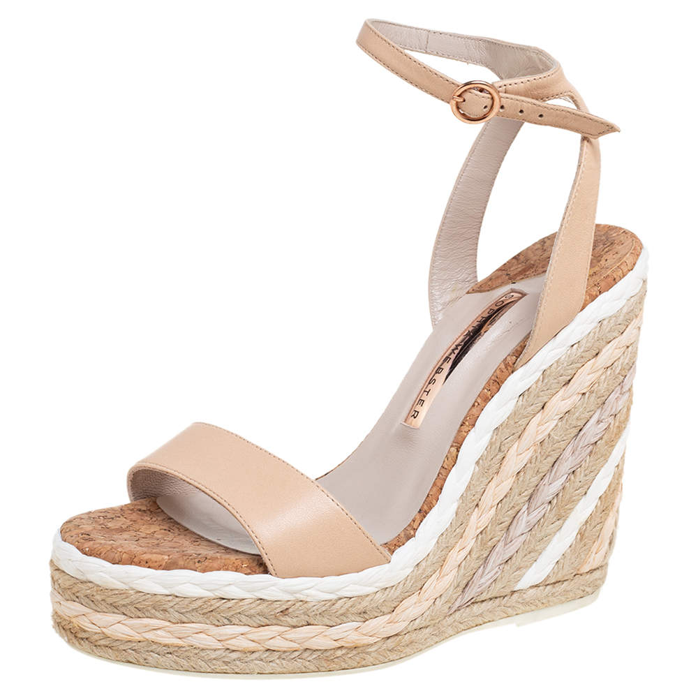 Pre Owned Sophia Webster Beige Leather Lucita Rafia Wedges Size 39.5