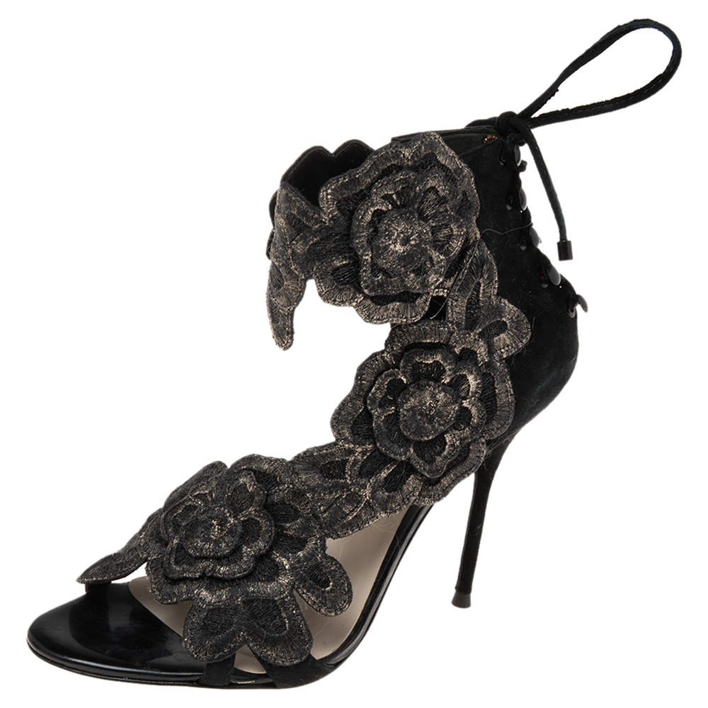 Pre Owned Sophia Webster Black Suede And Lace Winona Embroidered Ankle Cuff Sandals Size 37