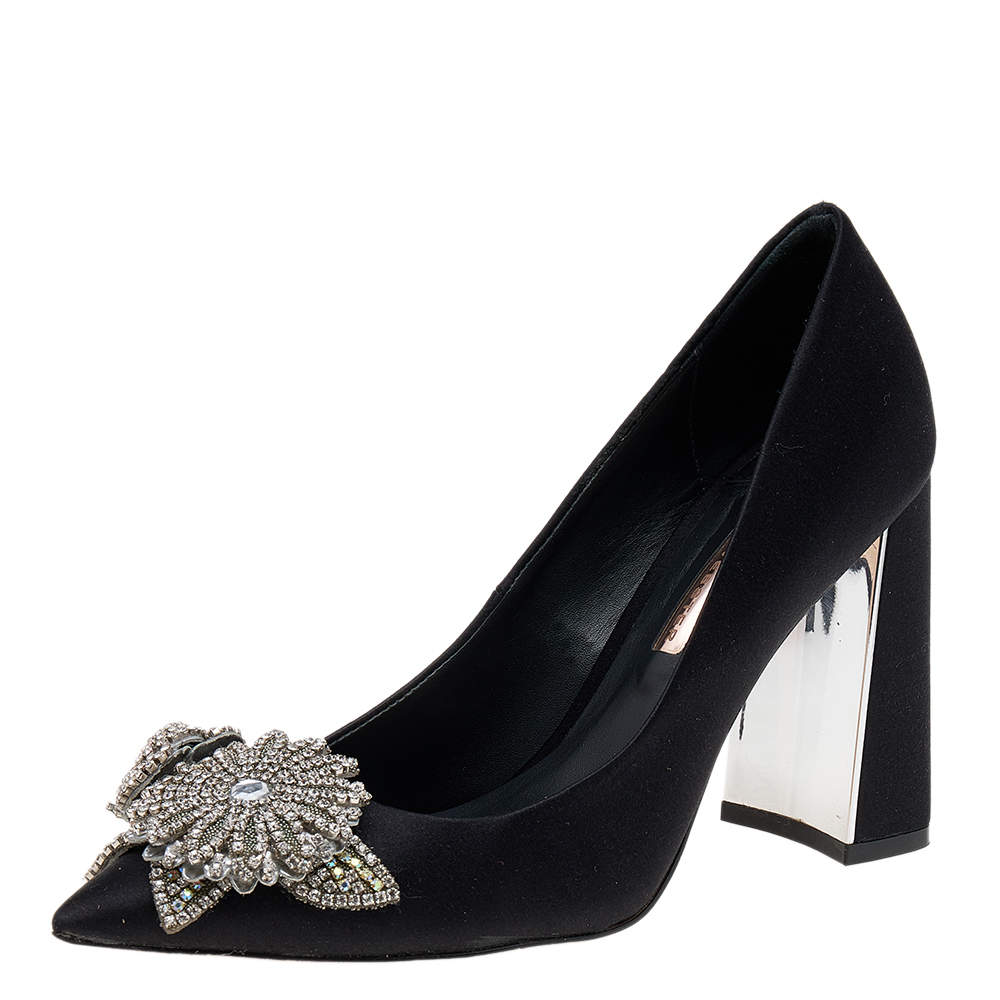 Pre Owned Sophia Webster Black Satin Lilico Crystal Embellished Pumps Size 38