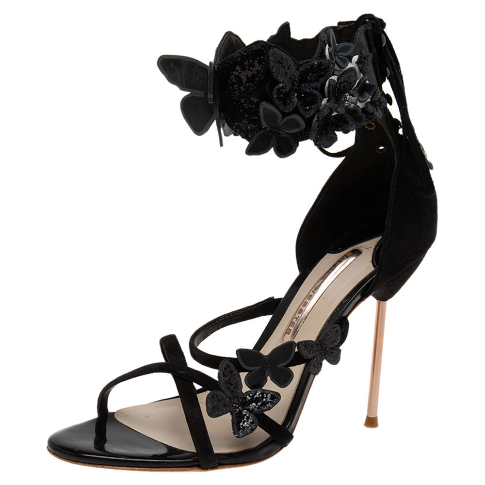 Pre Owned Sophia Webster Black Suede And Patent Floral Embroidered Ankle Strap Sandals Size 39