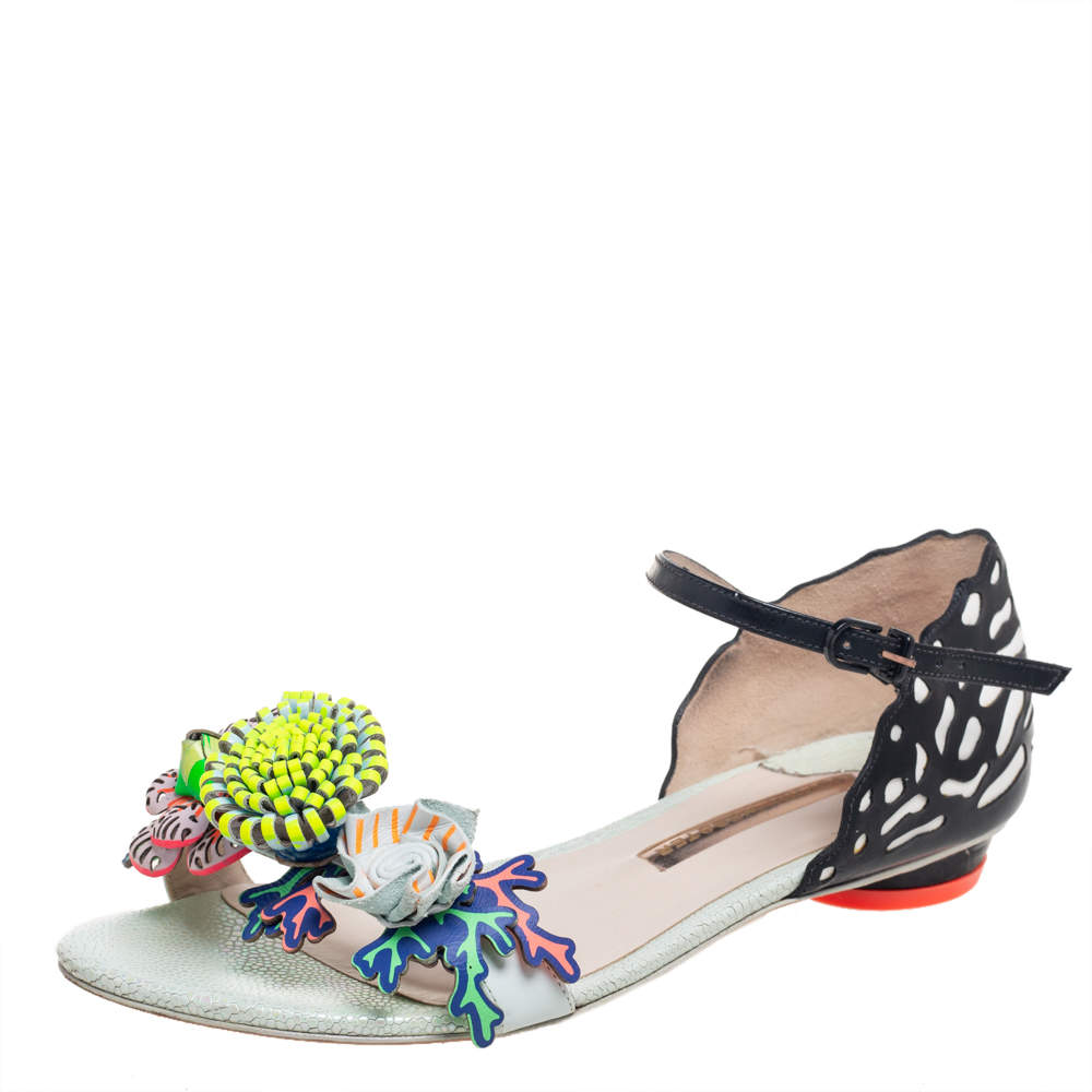 Pre Owned Sophia Webster Multicolor Patent Leather And Leather Floral Embellished Ankle Strap Flat Sandals Size 37.5