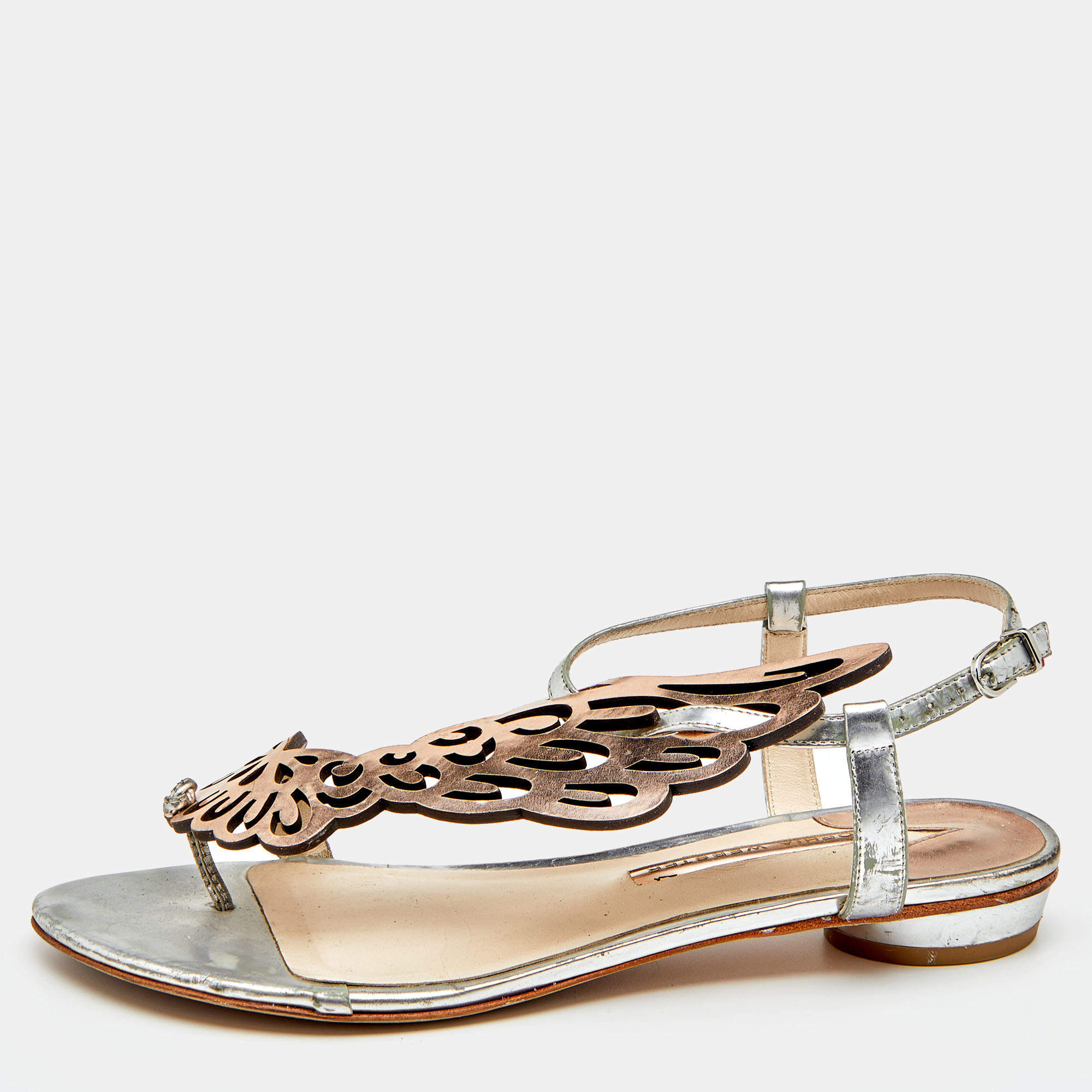 Sophia Webster Metallic Bronze/Silver Leather Seraphina Angel Wing Flat Sandals Size 39