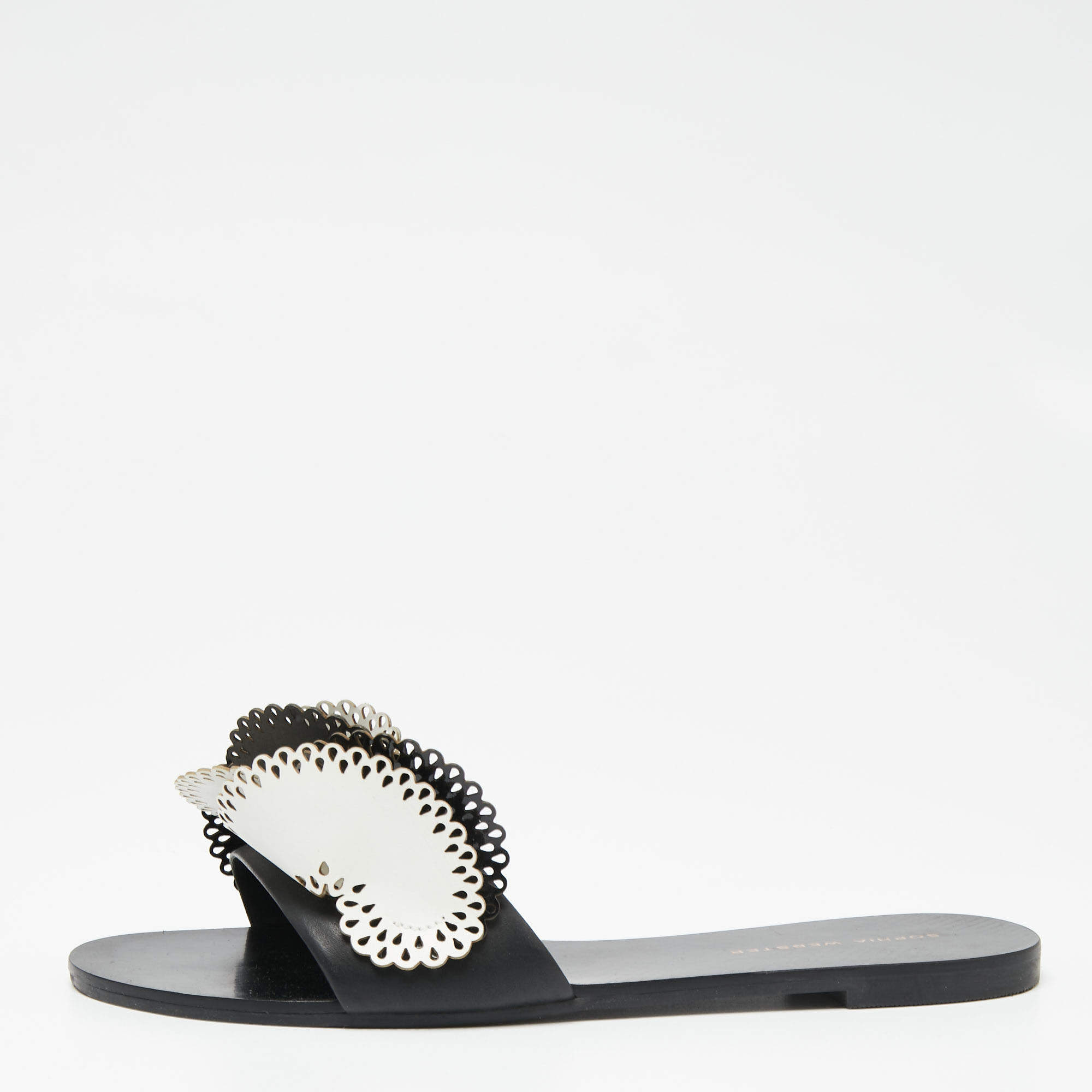 Pre Owned Sophia Webster Black/White Leather And Patent Laser Cut Soleil Flat Sandals Size 40.5