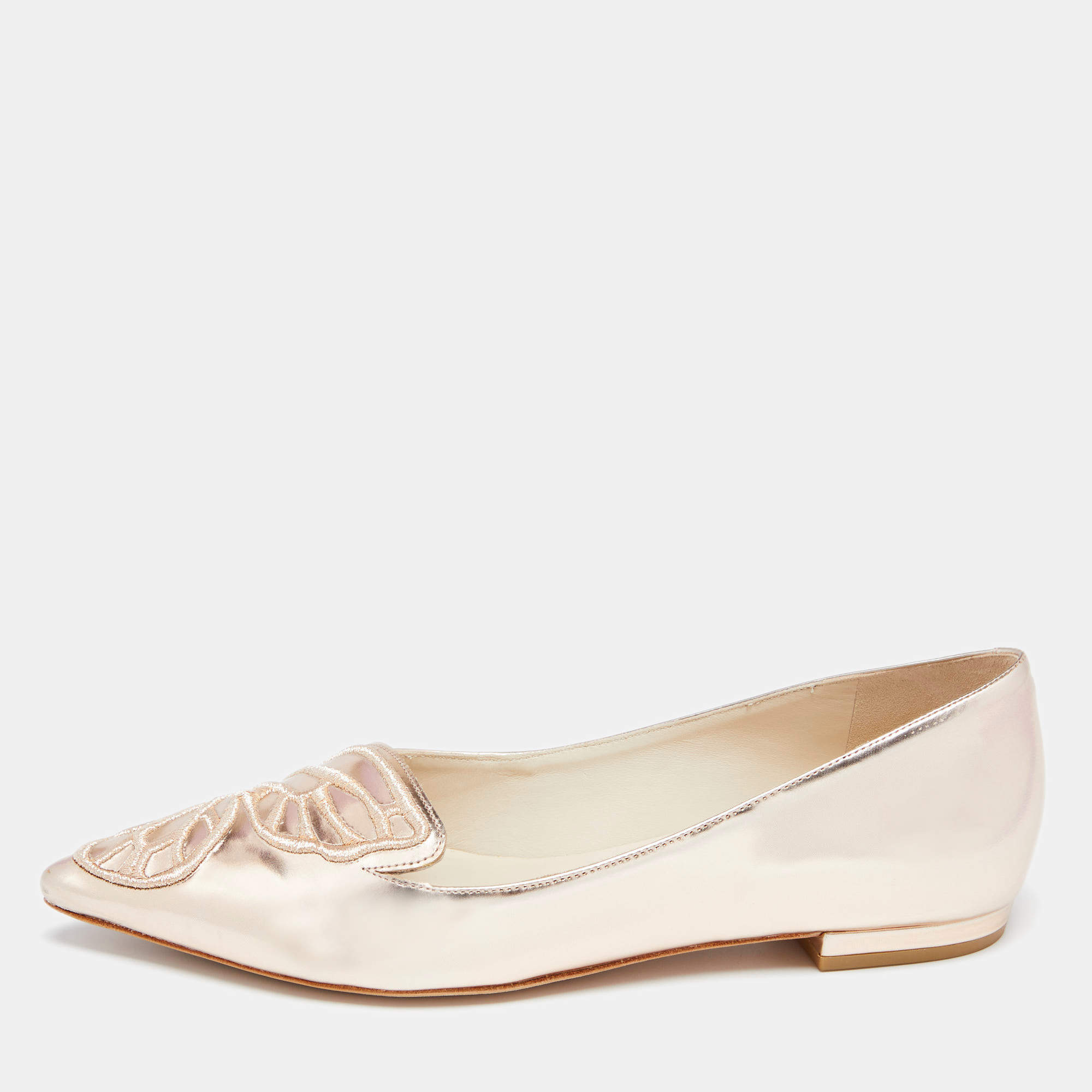 Sophia Webster Metallic Rose Gold Leather Bibi Butterfly Pointed Toe Ballet Flats Size 37.5