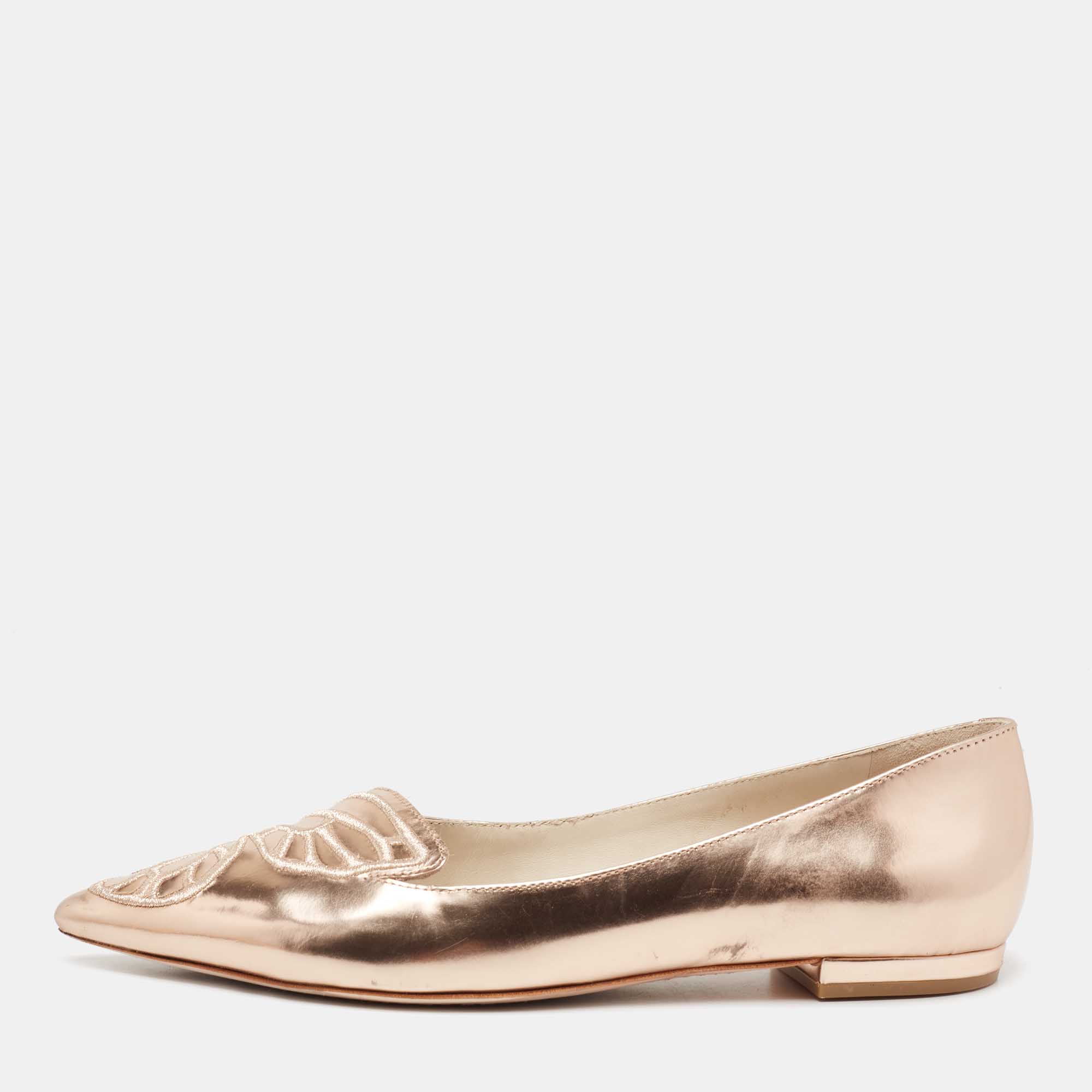 Pre Owned Sophia Webster Rose Gold Leather Bibi Ballet Flats Size 38.5