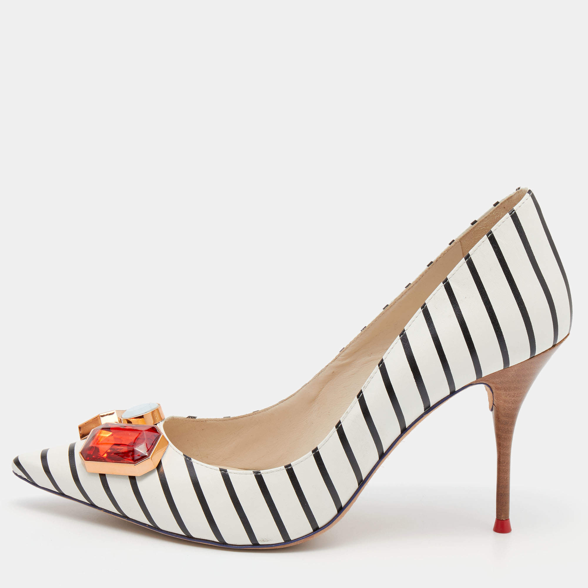 Pre Owned Sophia Webster Black/White Stripe Leather Lola Gem Pointed Toe Pumps Size 40