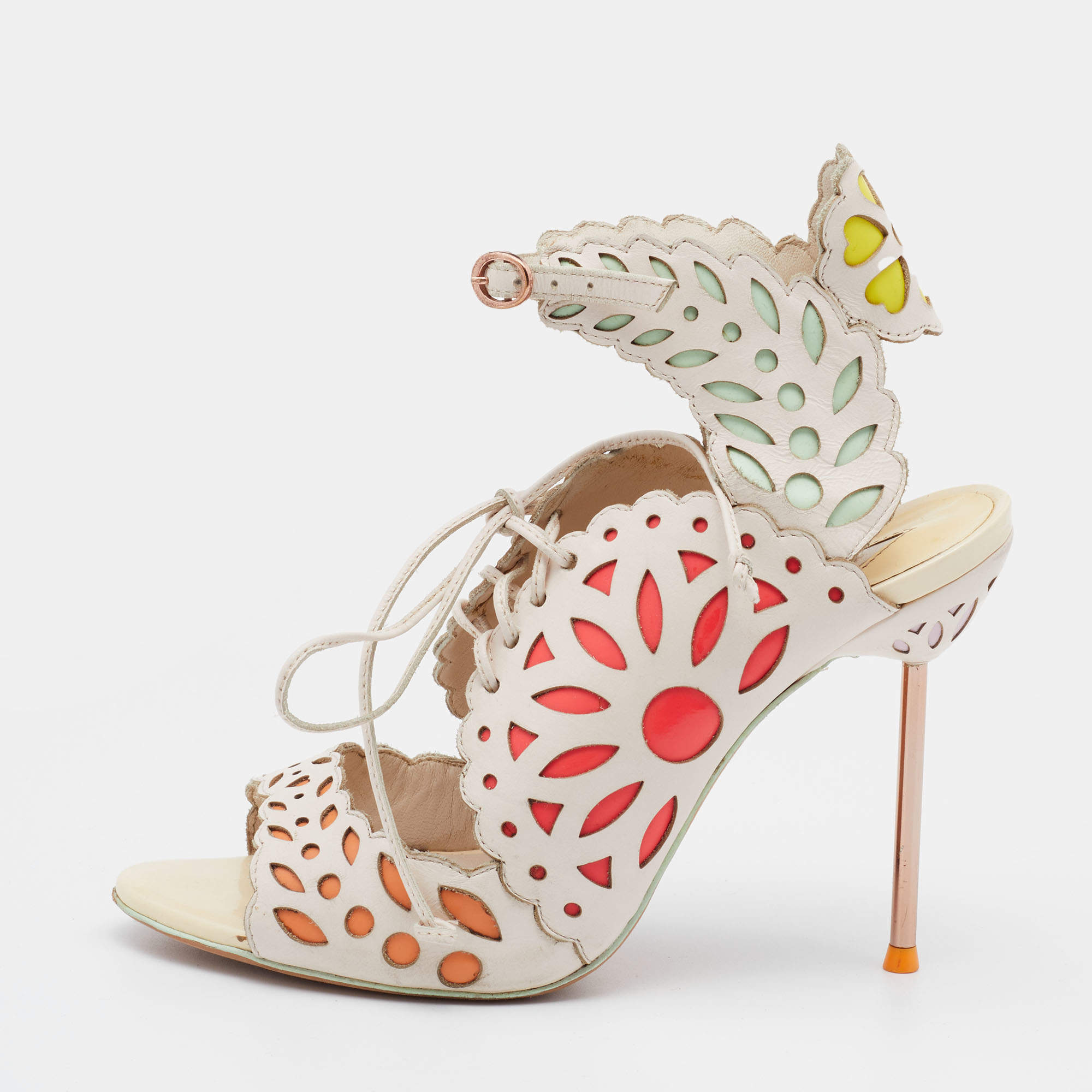 Pre Owned Sophia Webster Multicolor Laser Cutout Leather Strappy Sandals Size 37.5