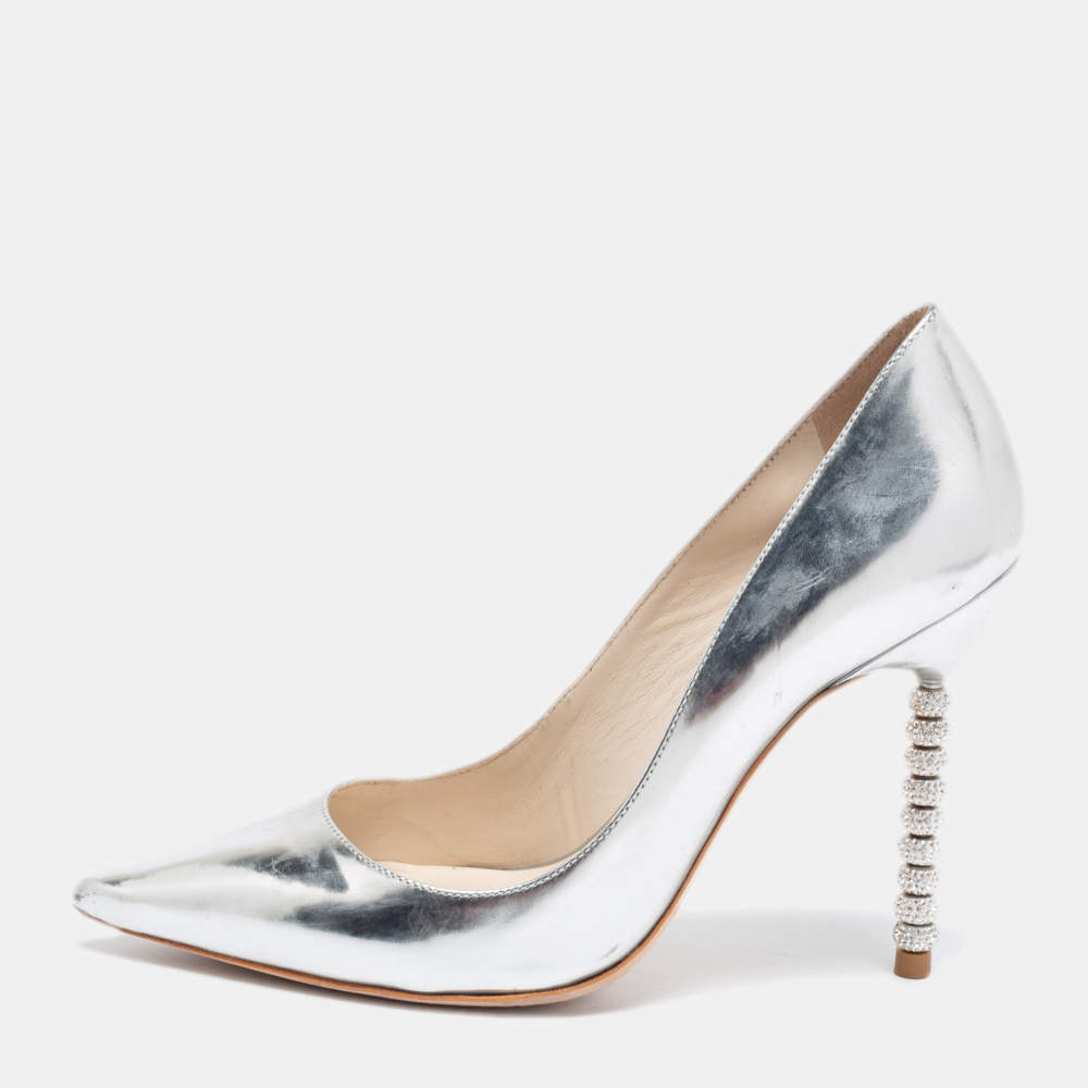 Pre Owned Sophia Webster Silver Patent Leather Coco Crystal Embellished Heel Pointed Toe Pumps Size 37