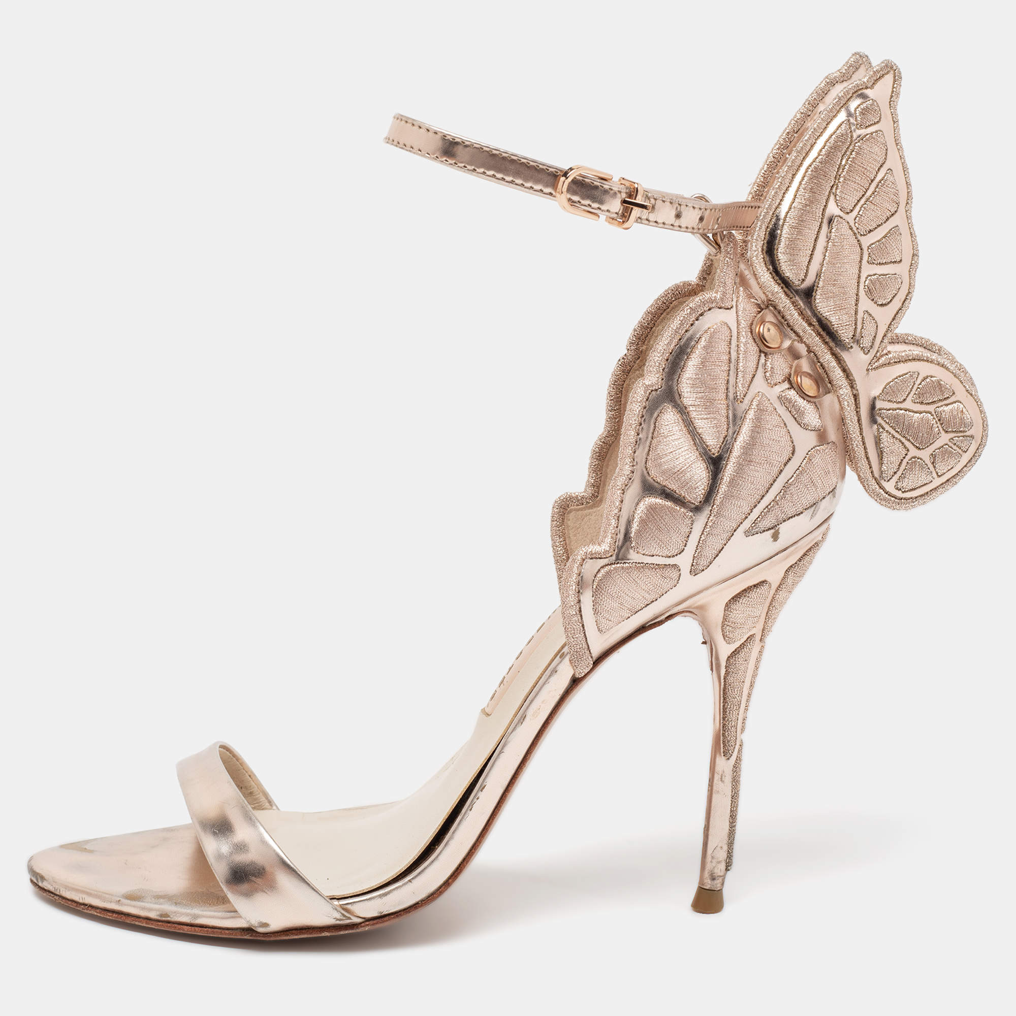 Pre Owned Sophia Webster Metallic Rose Gold Leather Chiara Butterfly Ankle Strap Sandals Size 38