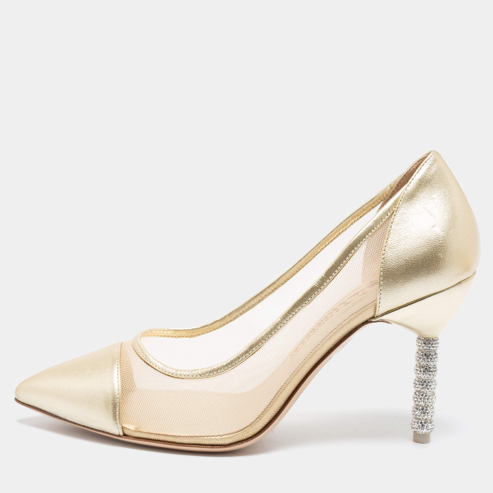 Sophia Webster Gold Leather and Mesh Jasmine Embellished Heel Pumps Size 39