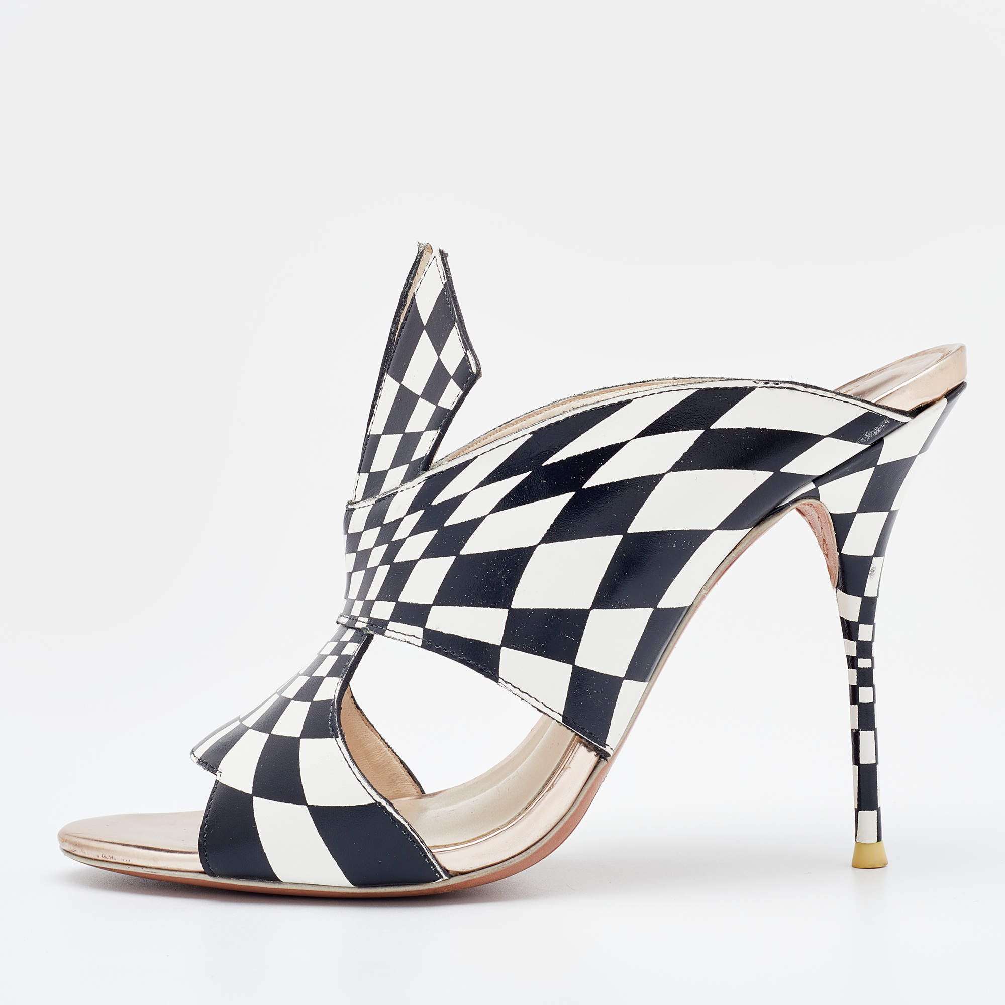 Sophia Webster White/Black Check Print Leather Slide Sandals Size 39