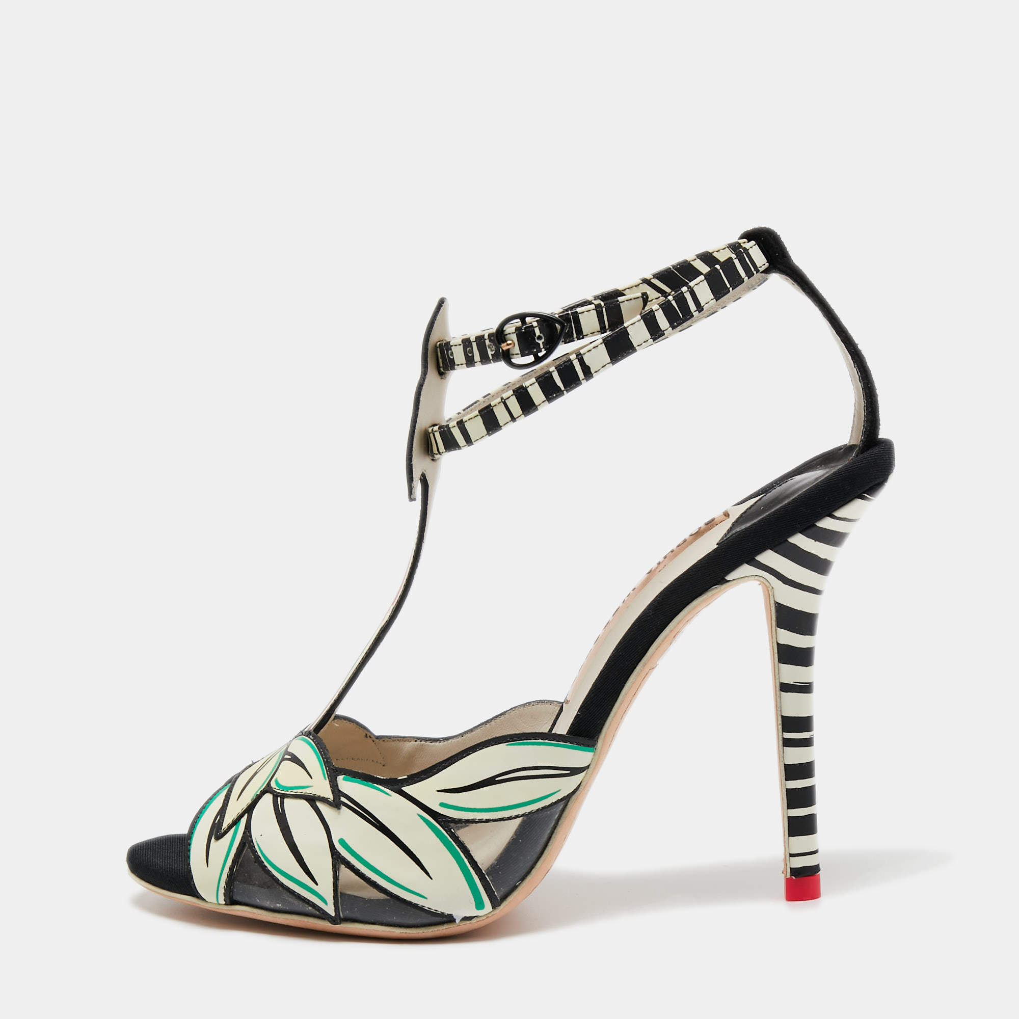 Sophia Webster White/Black Leather and Suede Flamingo T Bar Ankle Strap Sandals Size 39