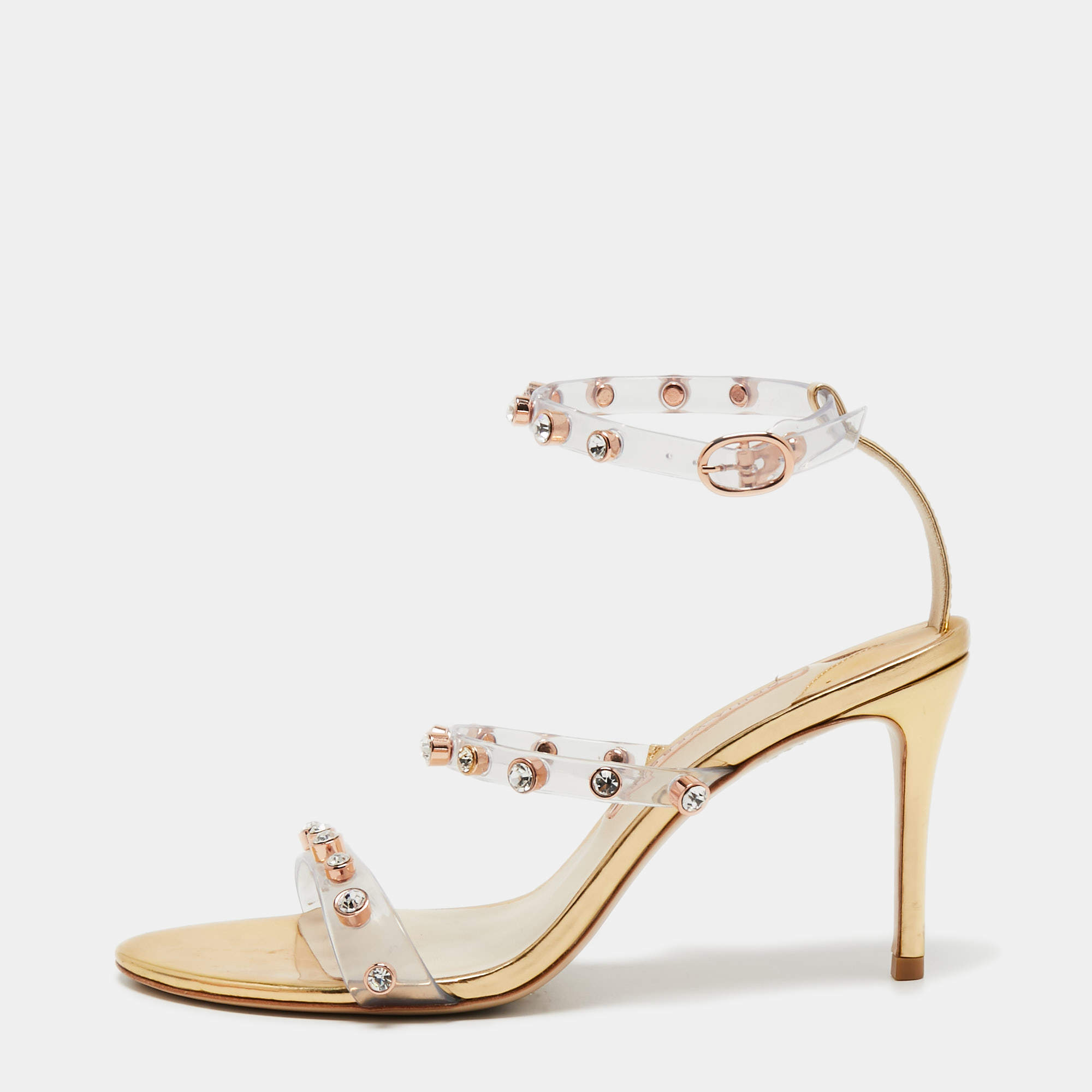 Sophia Webster White/Gold  Leather And PVC Crystal Embellished Ankle Strap Sandals Size 40