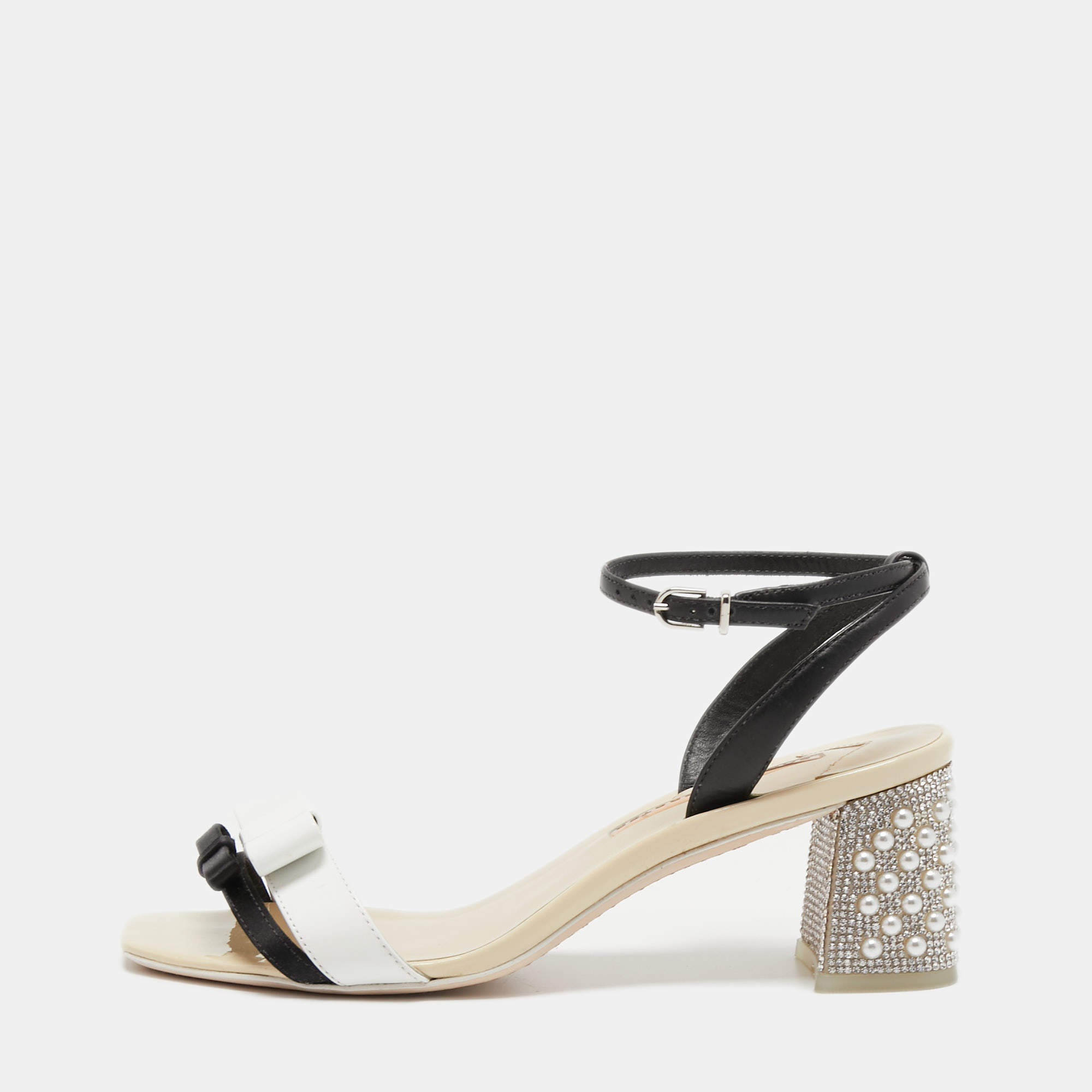 Pre Owned Sophia Webster White/Black Patent and Leather Ankle Strap Sandals Size 38.5