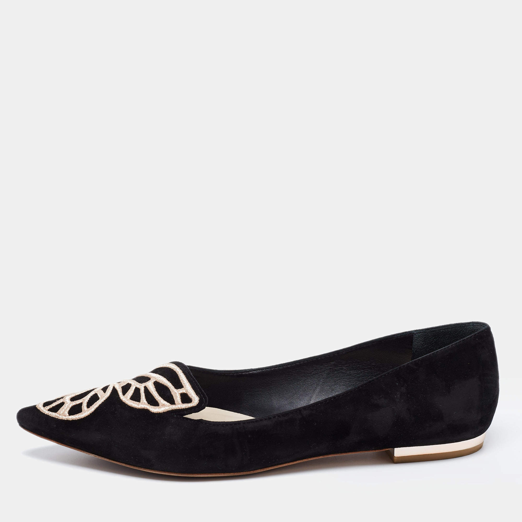 Pre Owned Sophia Webster Black Embroidered Suede Bibi Butterfly Pointed Toe Ballet Flats Size 38.5