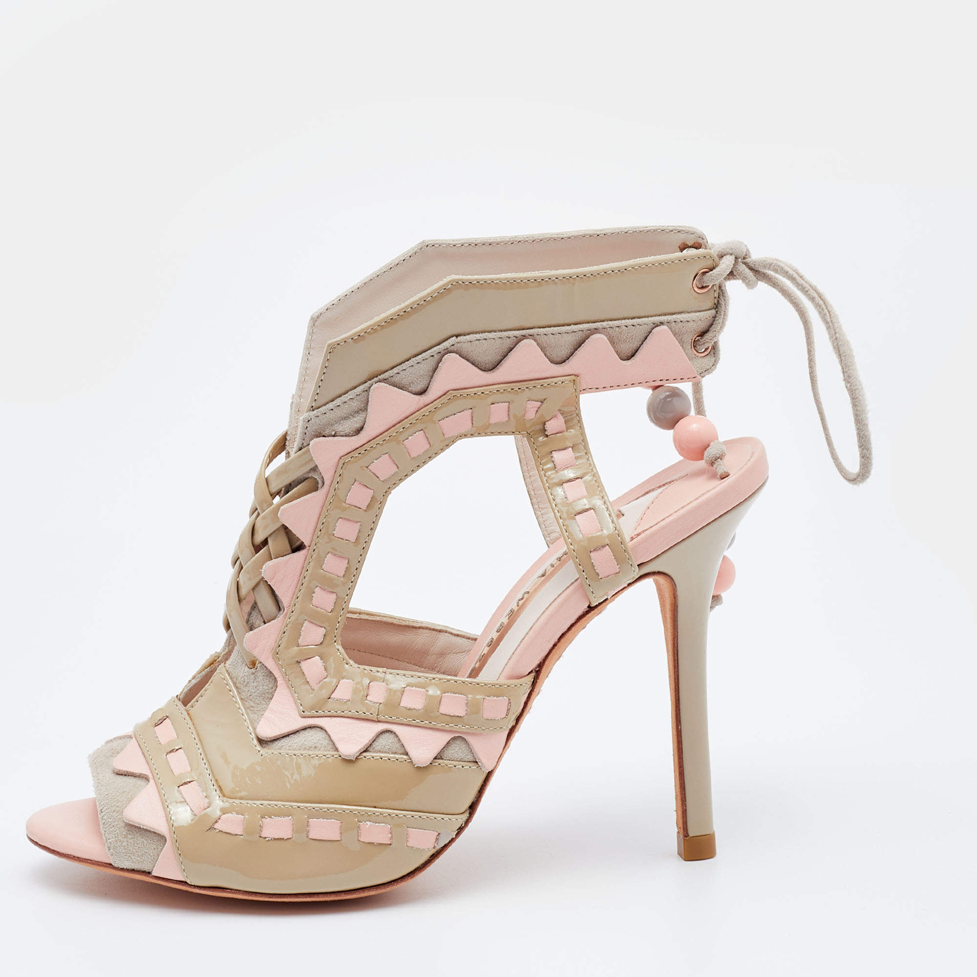 Pre Owned Sophia Webster Beige/Pink Suede and Patent Leather Riko Cut Out Sandals Size 36.5