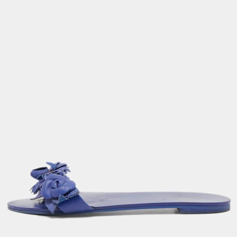 Sophia Webster Blue Leather Lilico Floral Flat Slides Size 37