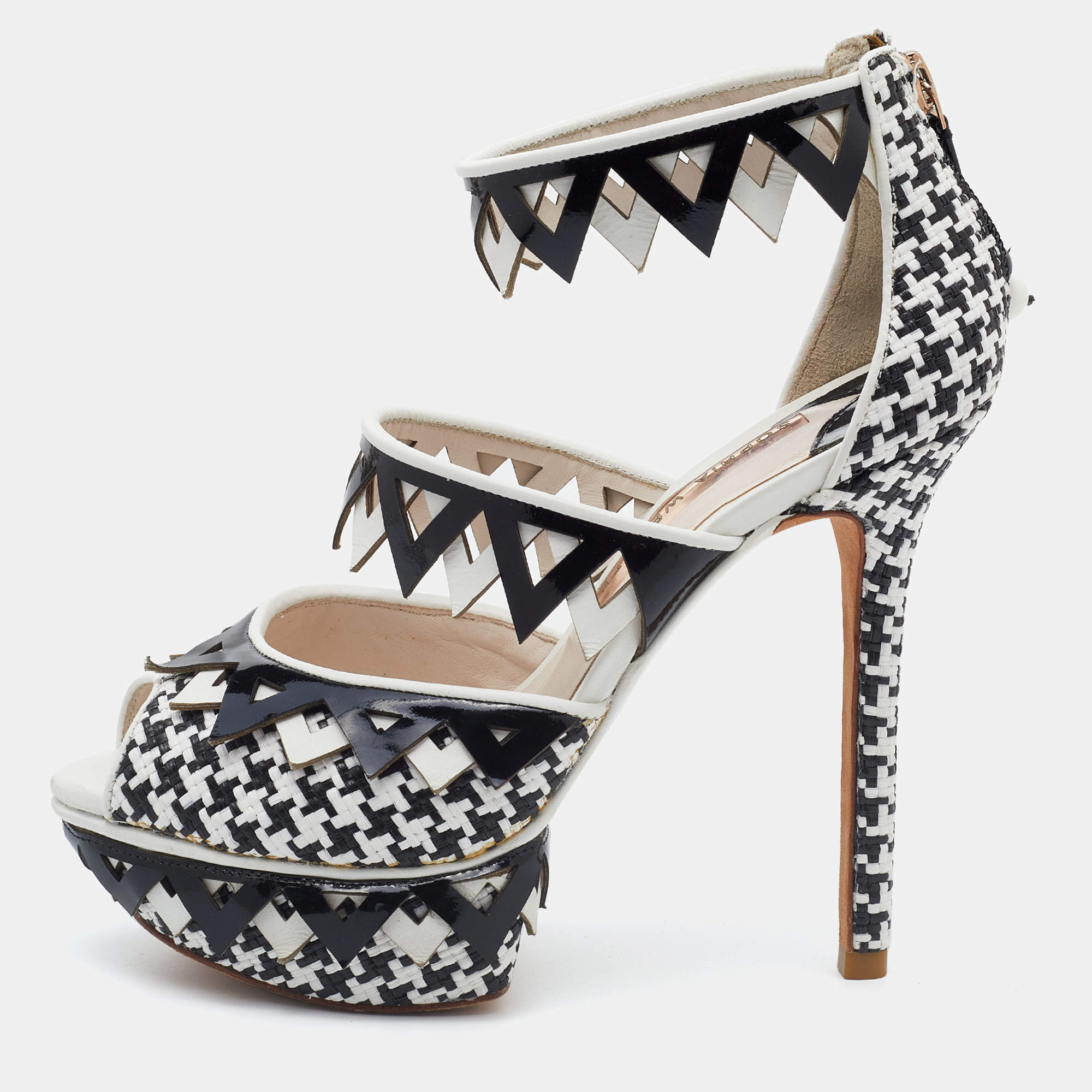 Sophia Webster Black/White Woven Raffia and Leather Platform Ankle Strap Sandals Size 36