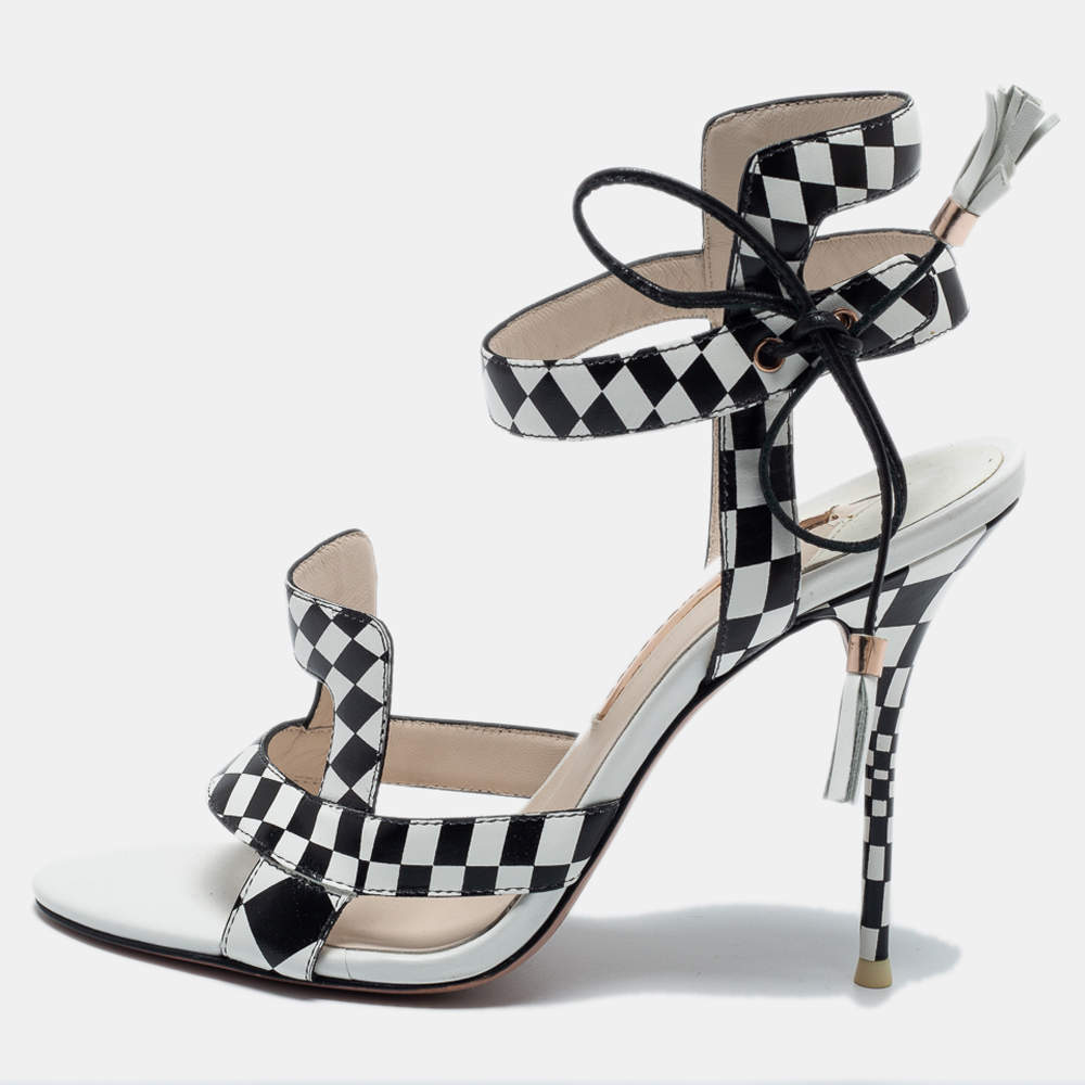 Pre Owned Sophia Webster White/Black Checkered Leather Poppy Sandals Size 39