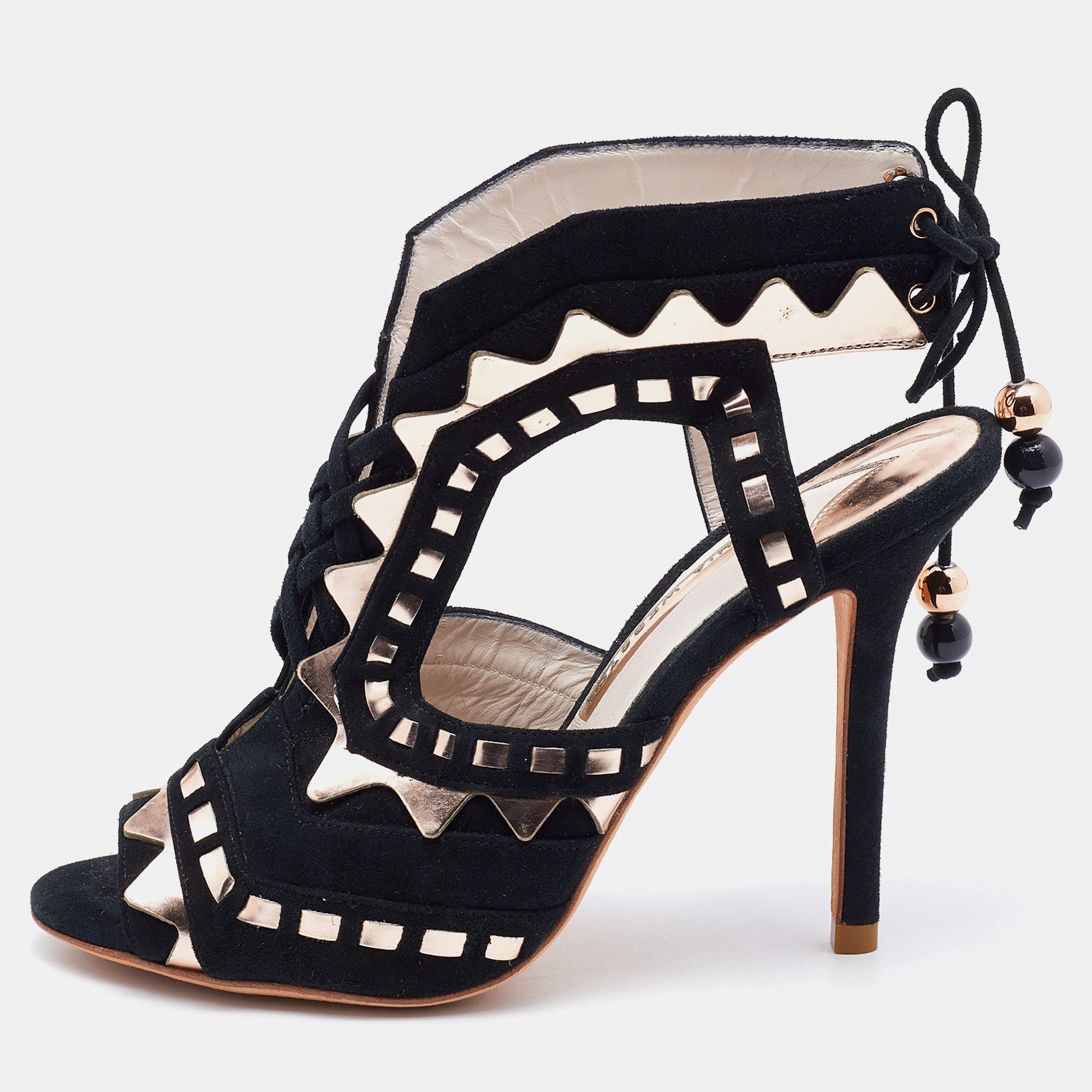 Pre Owned Sophia Webster Black/Rose Gold Suede and Leather Riko Cut Out Sandals Size 37.5