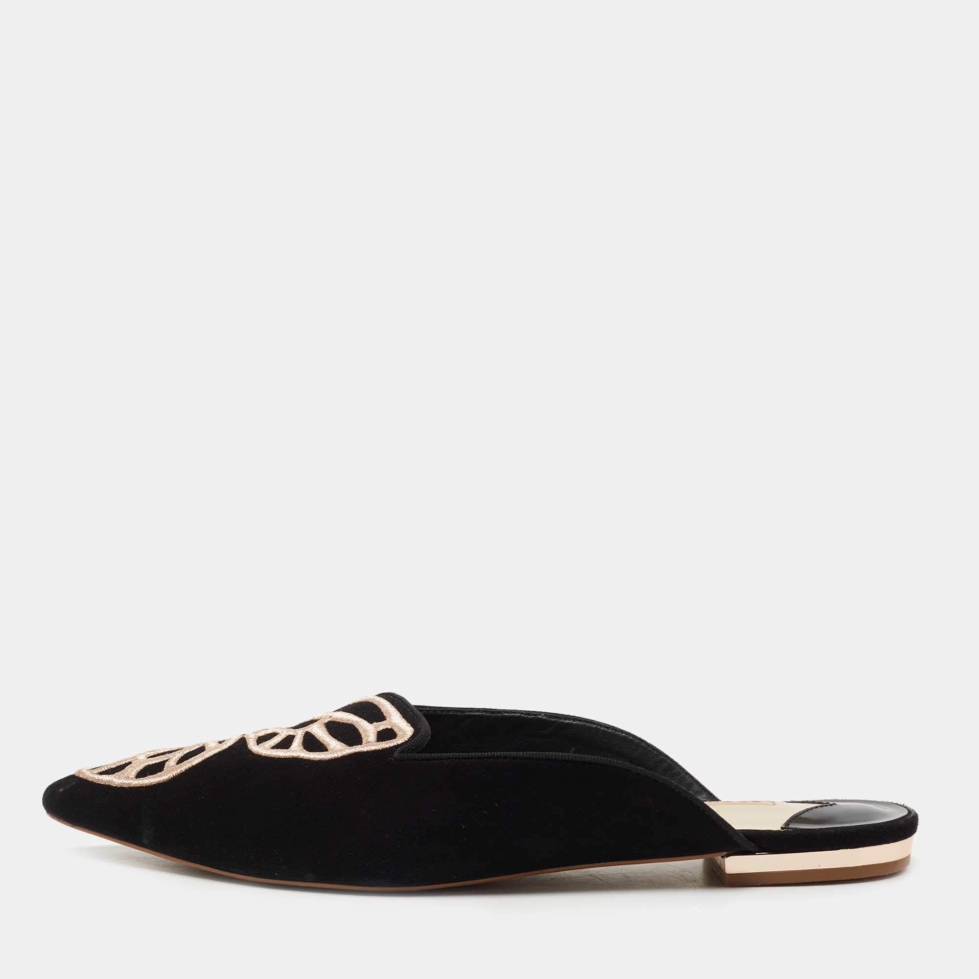 Sophia Webster Black Suede Bibi Butterfly Flat Mules Size 39.5