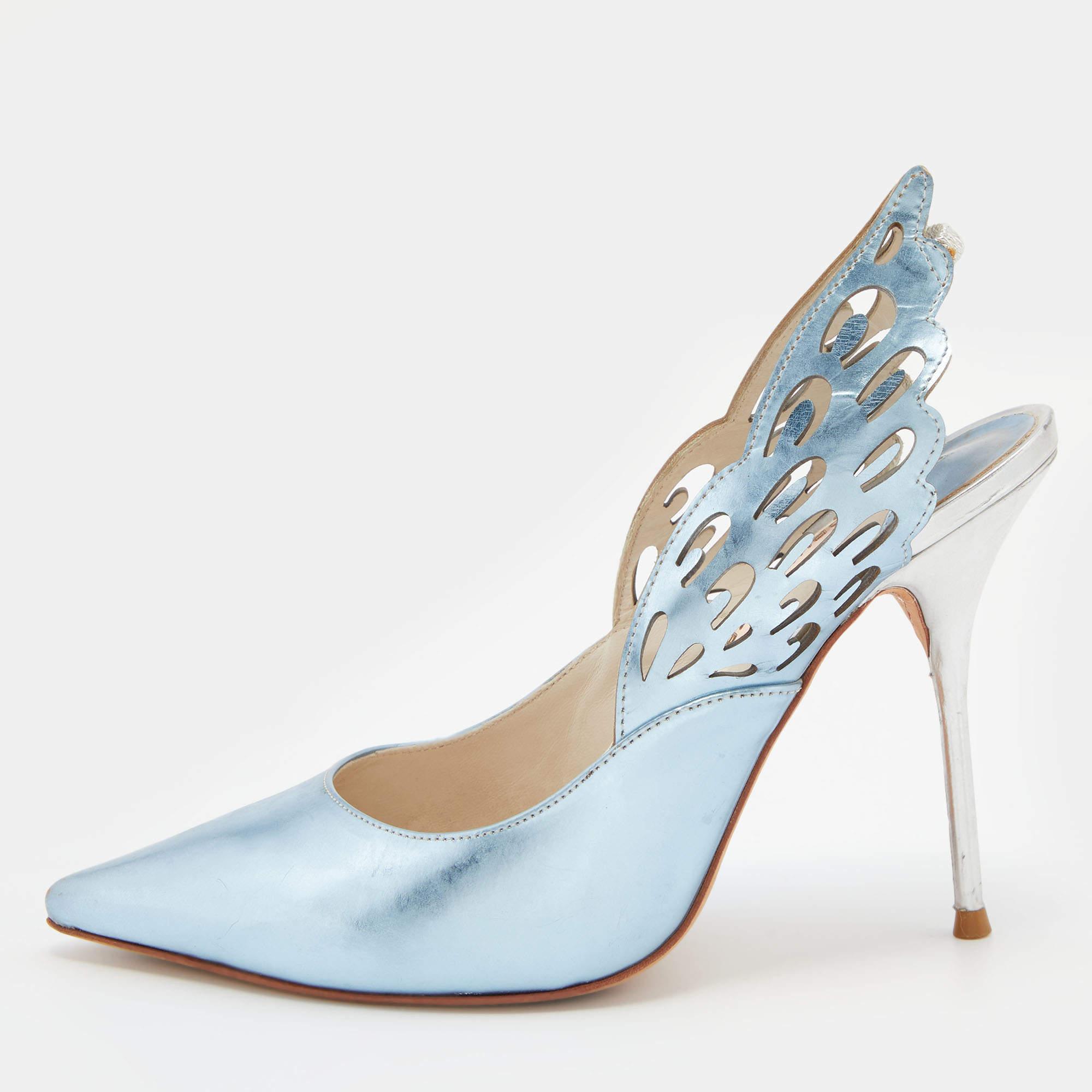 Pre Owned Sophia Webster Metallic Blue/Silver Leather Angelo Pointed Toe Slingback Pumps Size 37