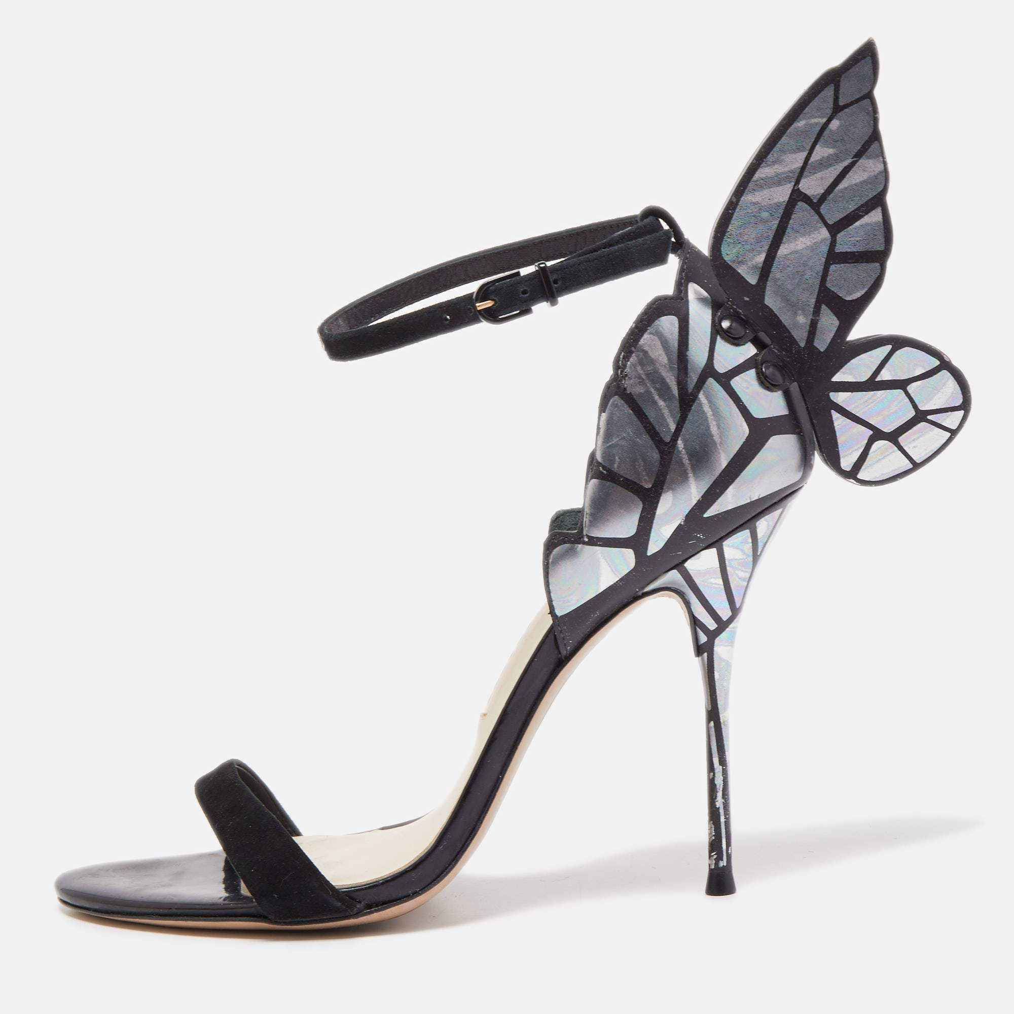 Sophia Webster Black Foil Leather and Suede Chiara  Butterfly Ankle Strap Sandals Size 38
