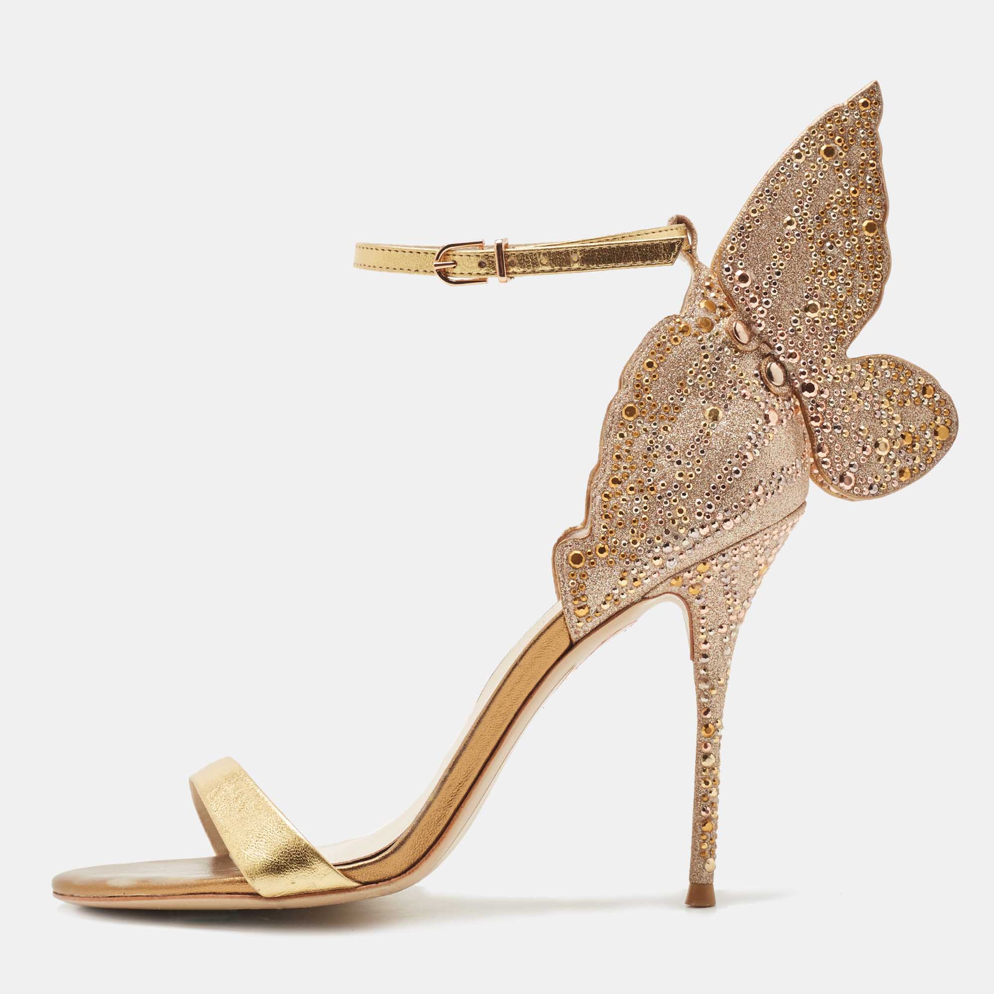 Pre Owned Sophia Webster Gold Leather And Glitter Chiara Ankle Strap Sandals Size 38