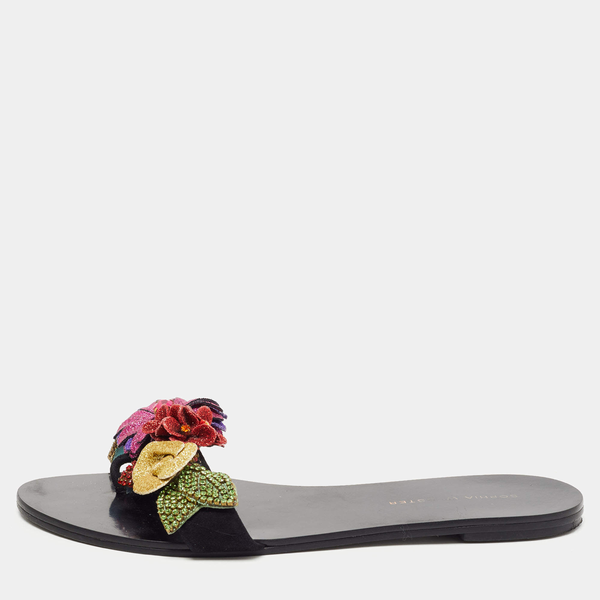 Sophia Webster Black Suede Glitter And Crystal Floral Embellished Lilico Flat Slides Size 38.5
