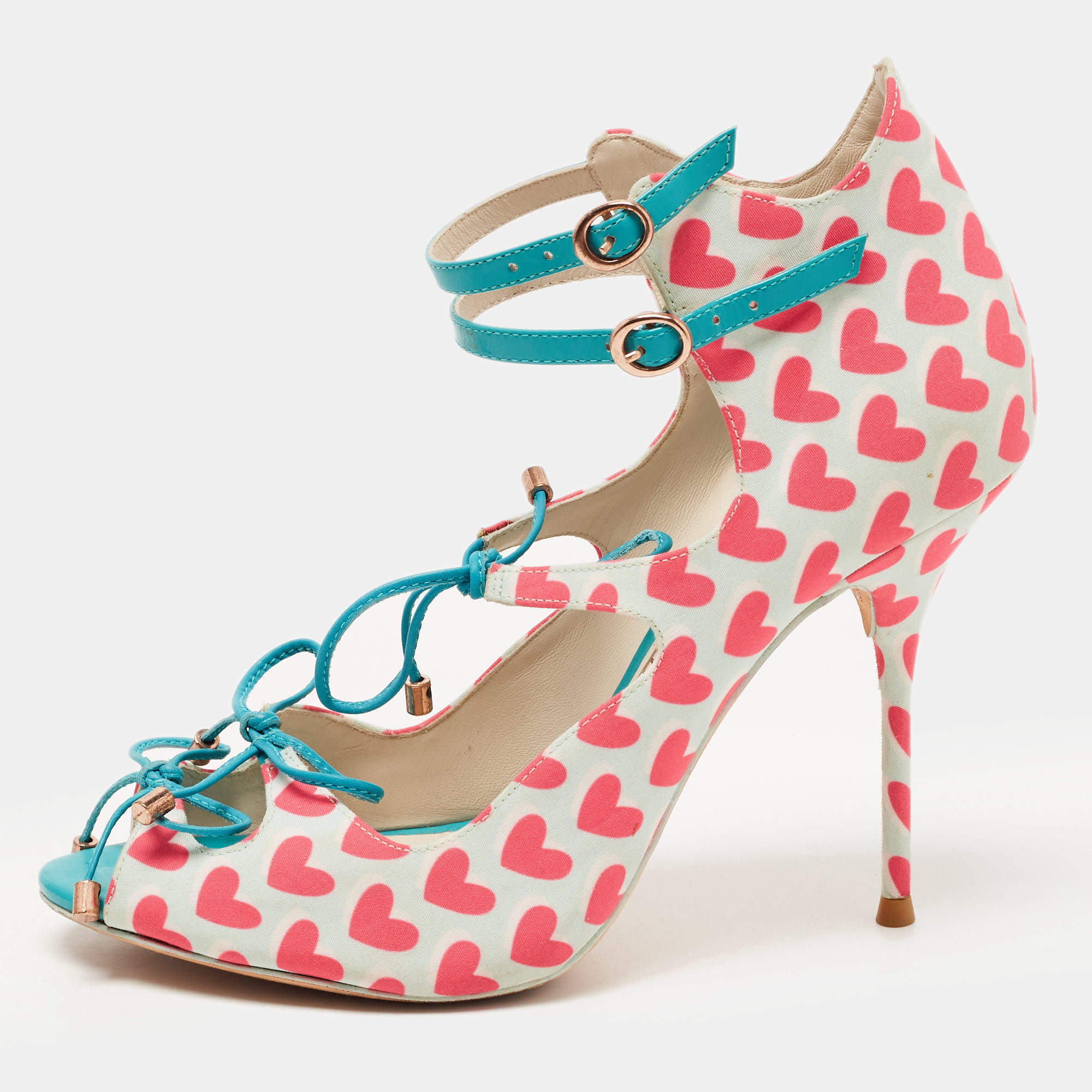Pre Owned Sophia Webster Multicolor Nylon And Leather Heart Print Ankle Strap Pumps Size 38