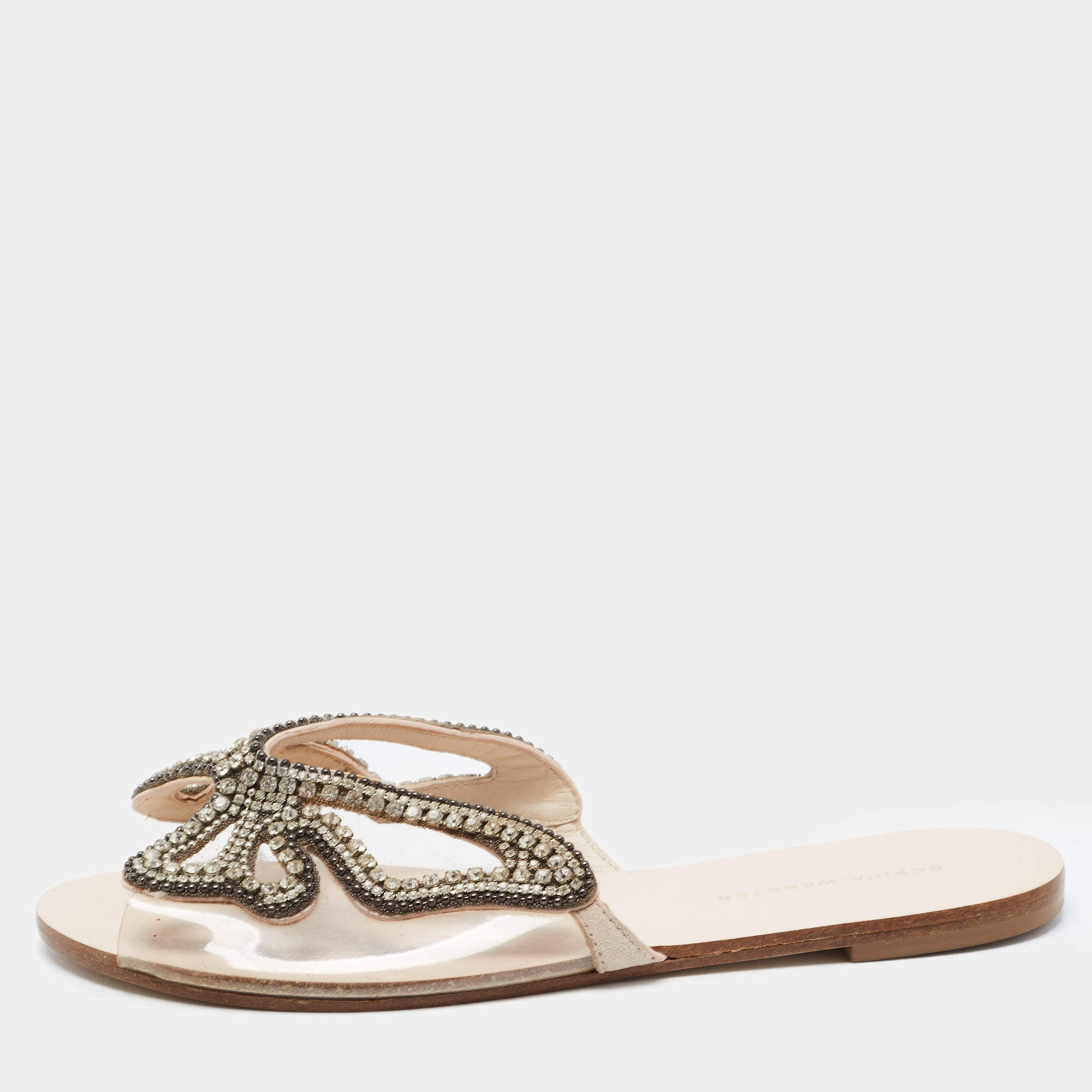 Pre Owned Sophia Webster Transparent PVC Crystal Embellished Madame Butterfly Flat Slides Size 40