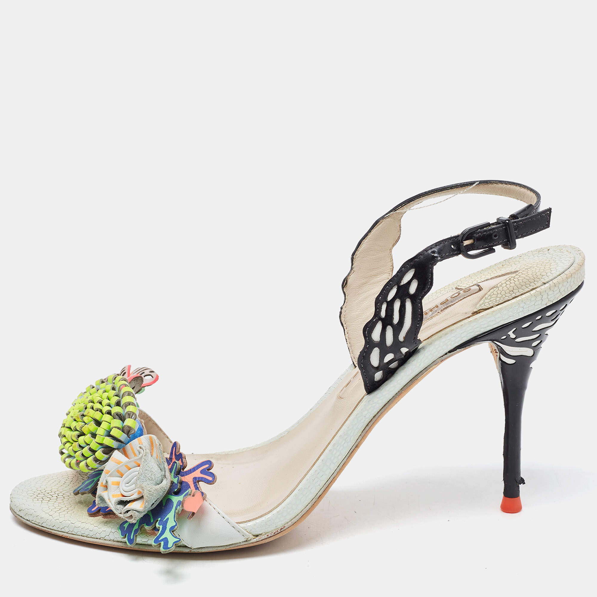 Pre Owned Sophia Webster Multicolor Leather Lilico Underwater Floral Embellished Ankle Strap Sandals Size 38.5