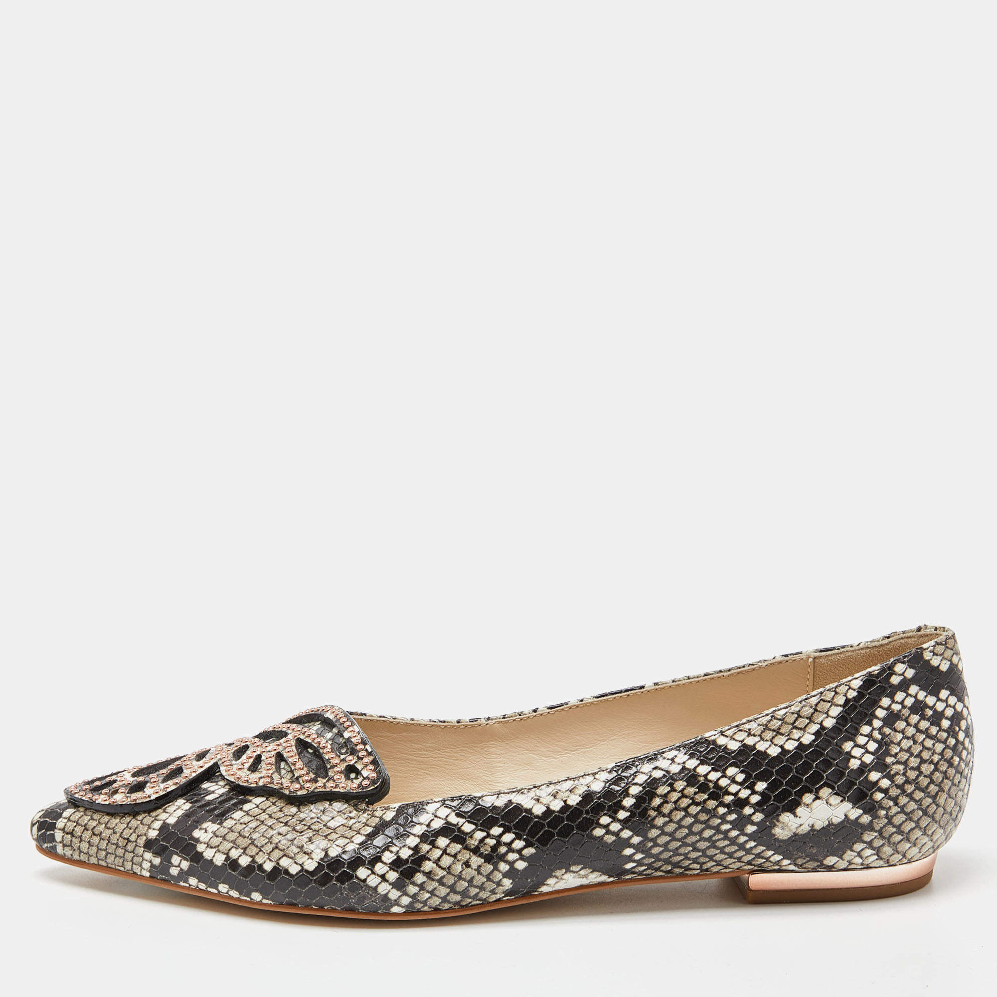 Pre Owned Sophia Webster Beige Snakeskin Embossed Leather Bibi Butterfly Pointed Toe Ballet Flats Size 38.5