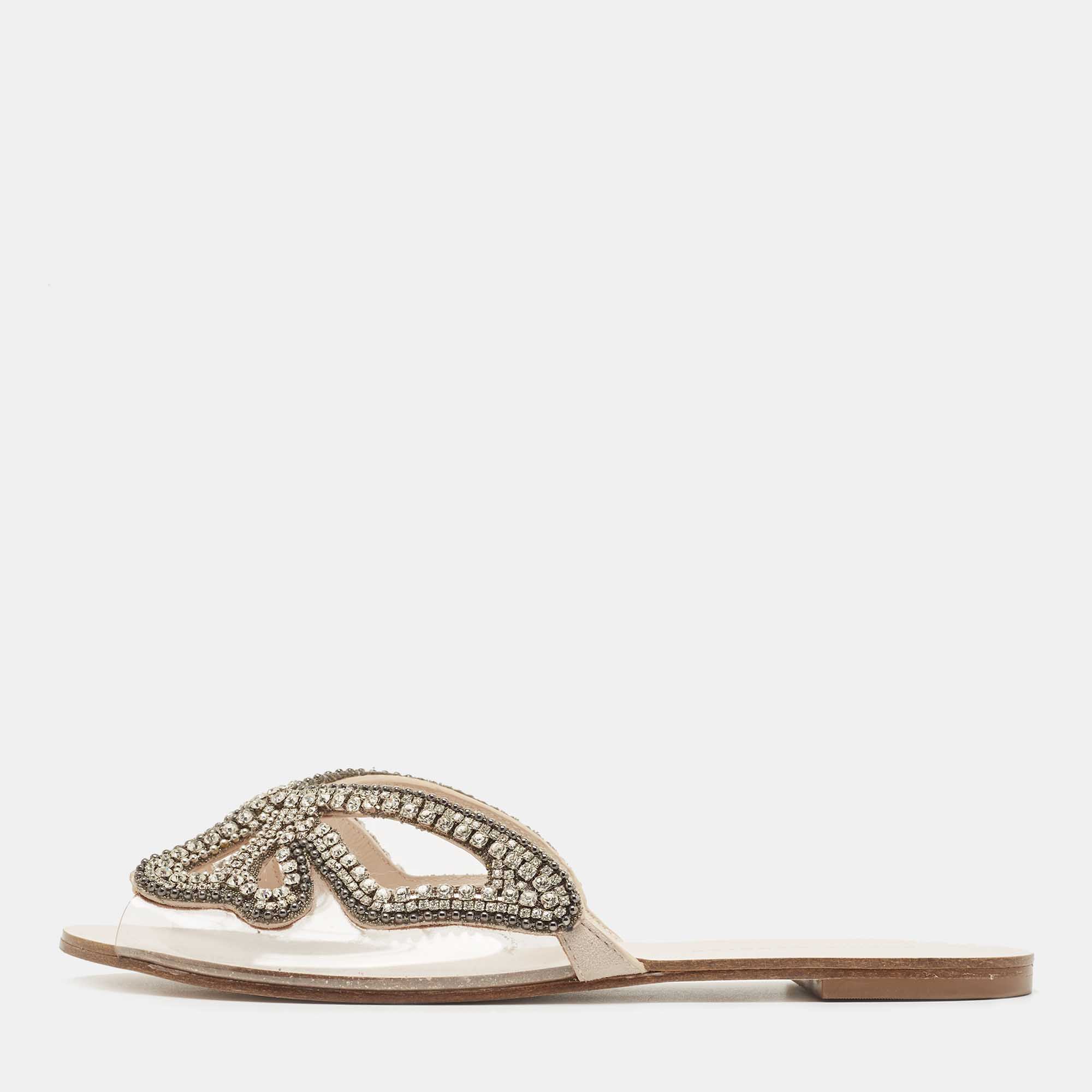 Sophia Webster Cream PVC  Butterfly Crystal Embellished Madame Flat Slides Size 39