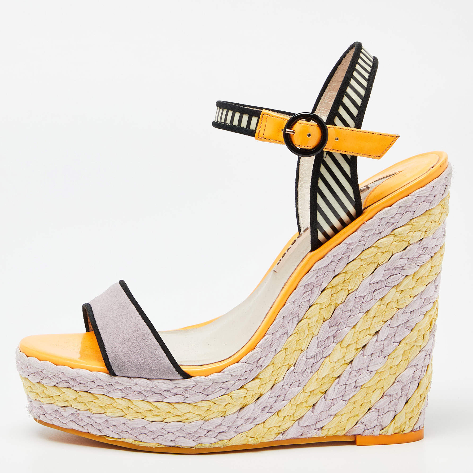 Pre Owned Sophia Webster Multicolor Suede and Striped Leather Lucita Wedge Sandals Size 39.5