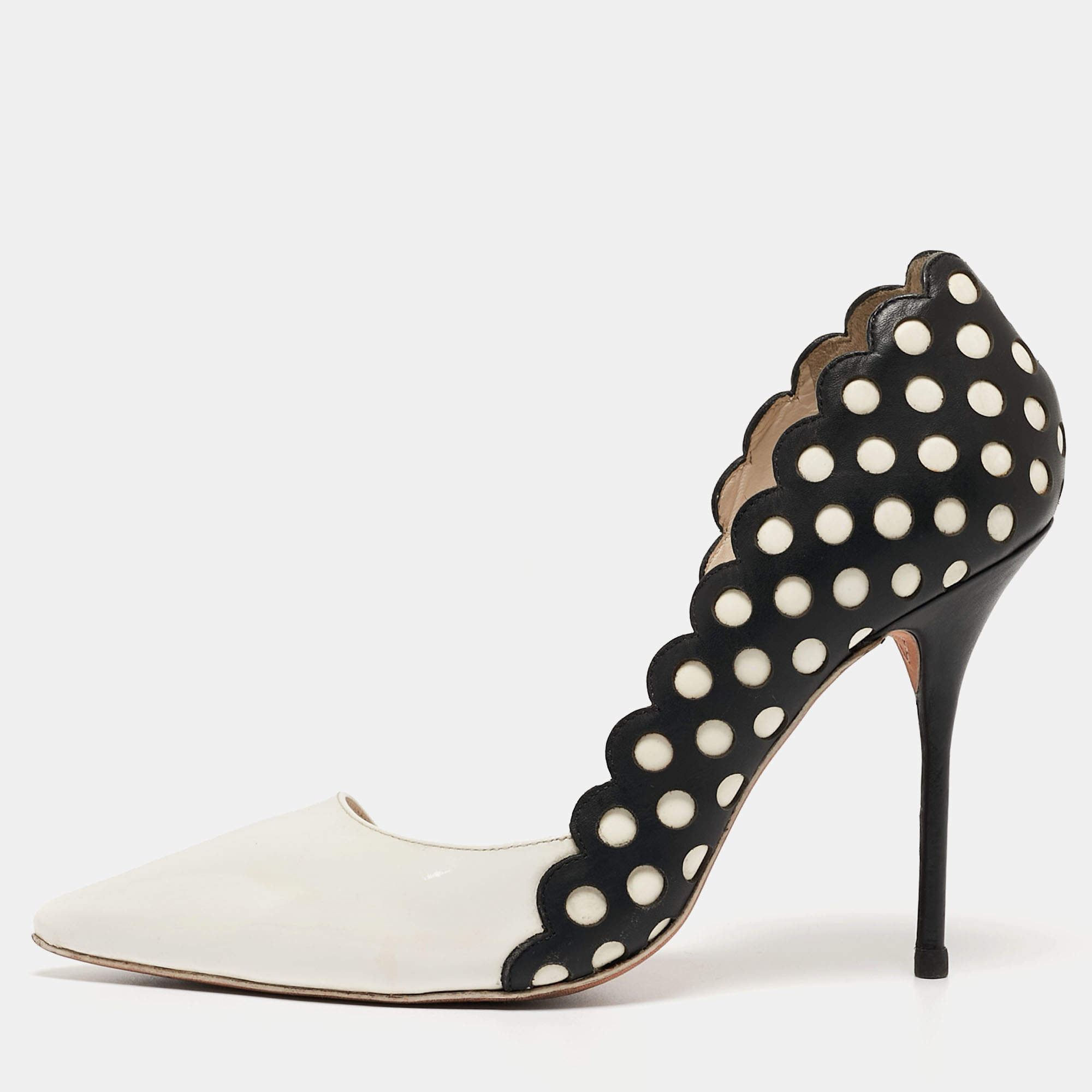 Pre Owned Sophia Webster White/Black Patent and Laser Cut Leather Mika D'orsay Pumps Size 36.5