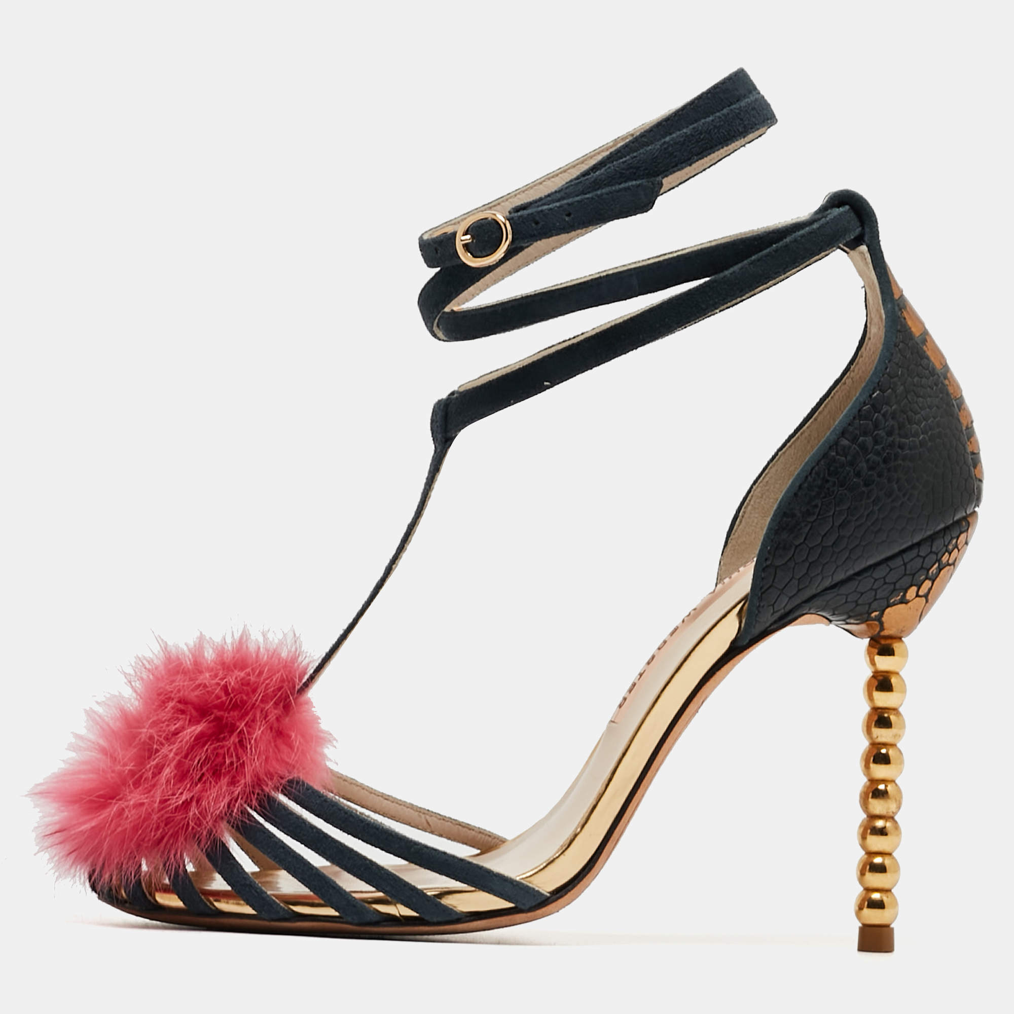 Pre Owned Sophia Webster Green Suede Fur Detail Ankle Strap Wrap Up Sandals Size 38