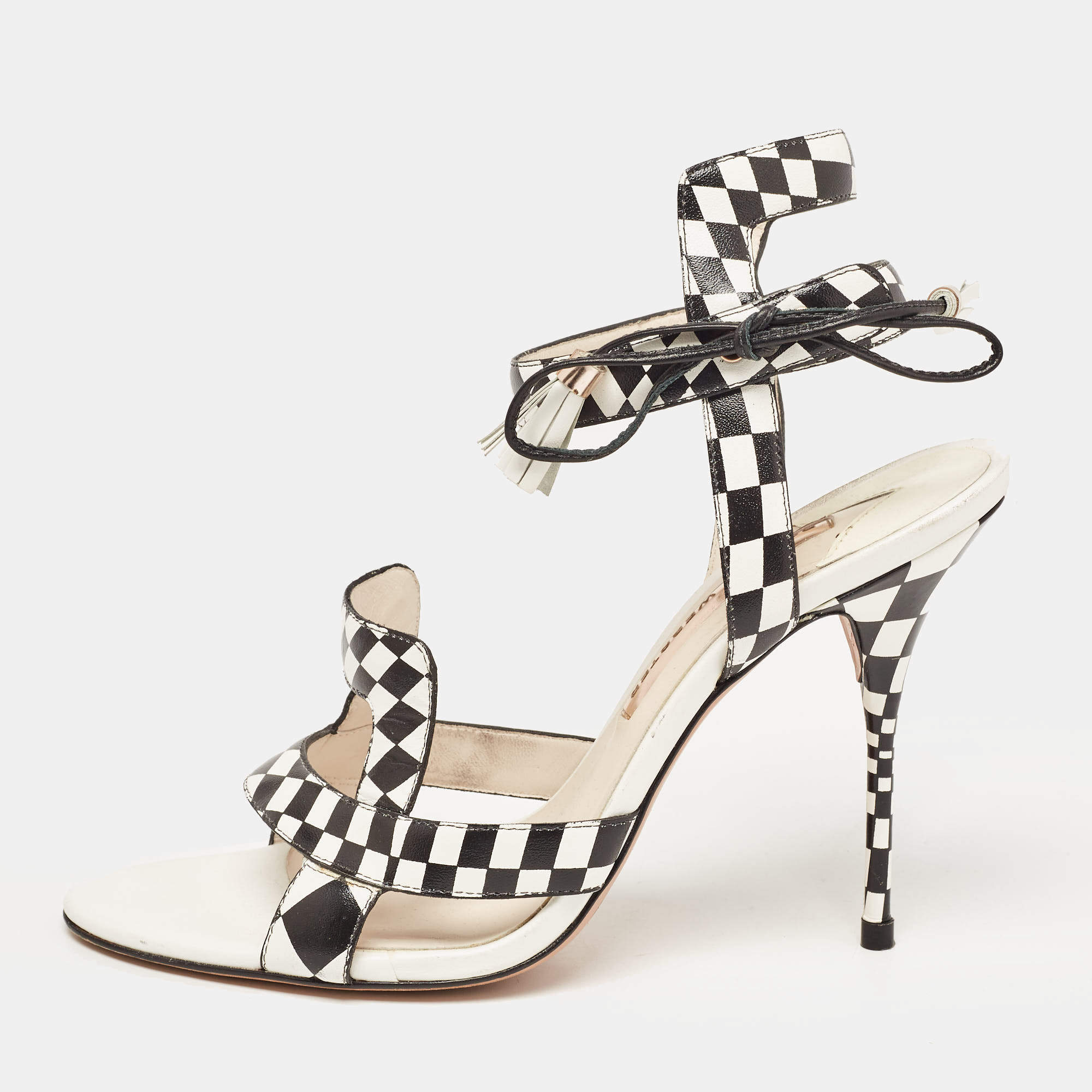 Sophia Webster White/Black Checkered Leather Poppy Sandals Size 40.5