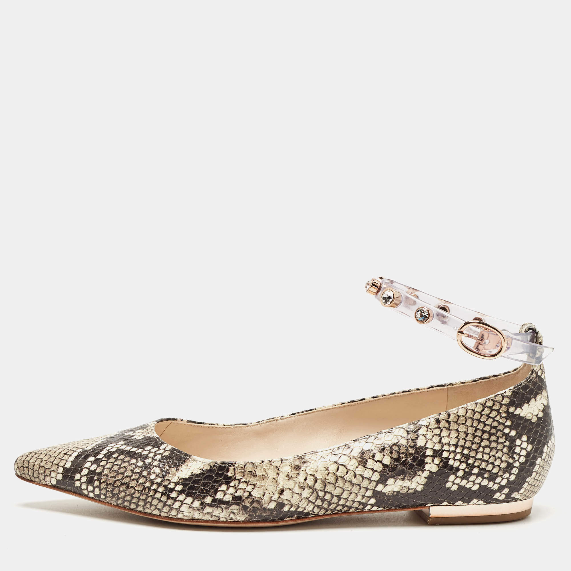 Sophia Webster Two Tone Embossed Python Dina Ankle Strap Ballet Flats Size 37