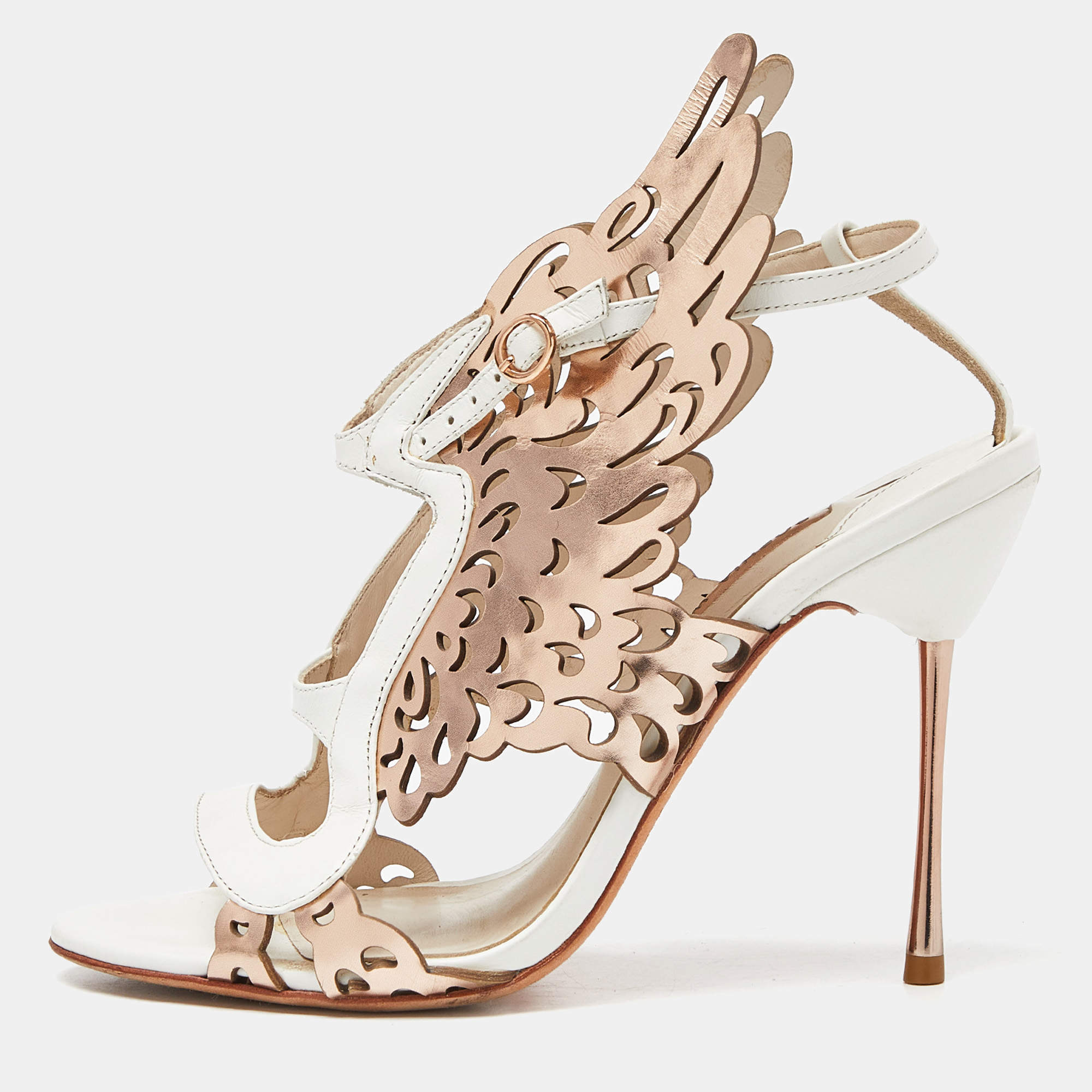 Pre Owned Sophia Webster Gold/White Leather Evangeline Laser Cut Angel Wing Ankle Strap Sandals Size 39